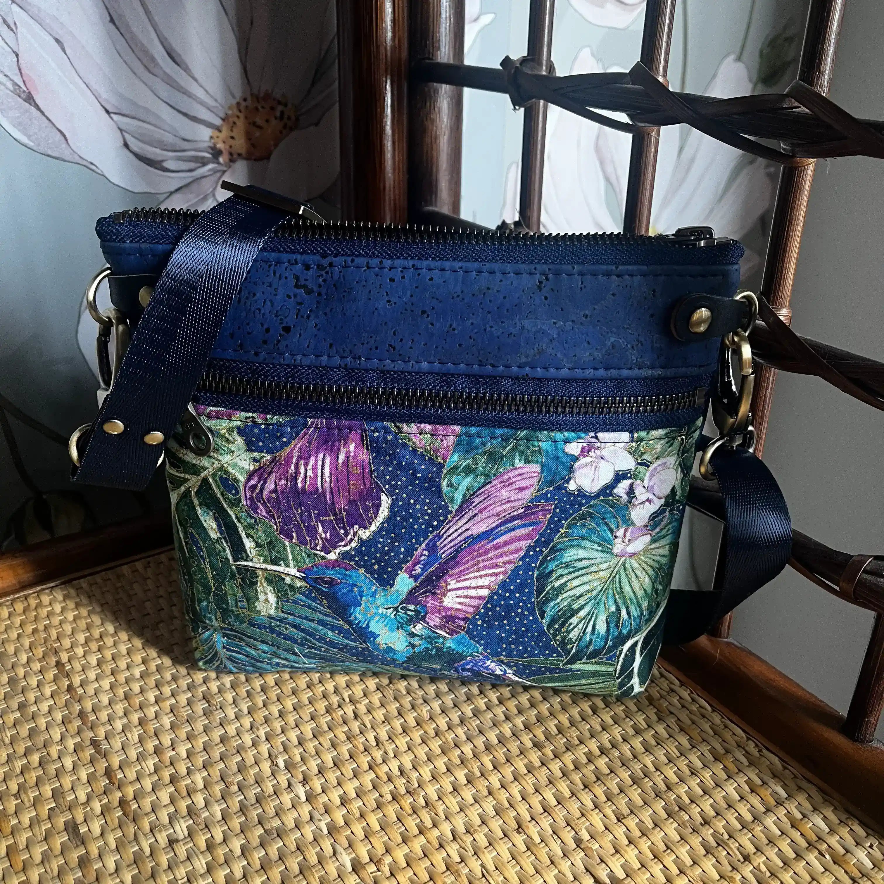 Izzy's Mom Cross Body Bag (Medium) - Cork Blue Hummingbird Print & Brushed Antique Leather | Stylish Women's Shoulder Purse for Daily Use, Travel & Shopping