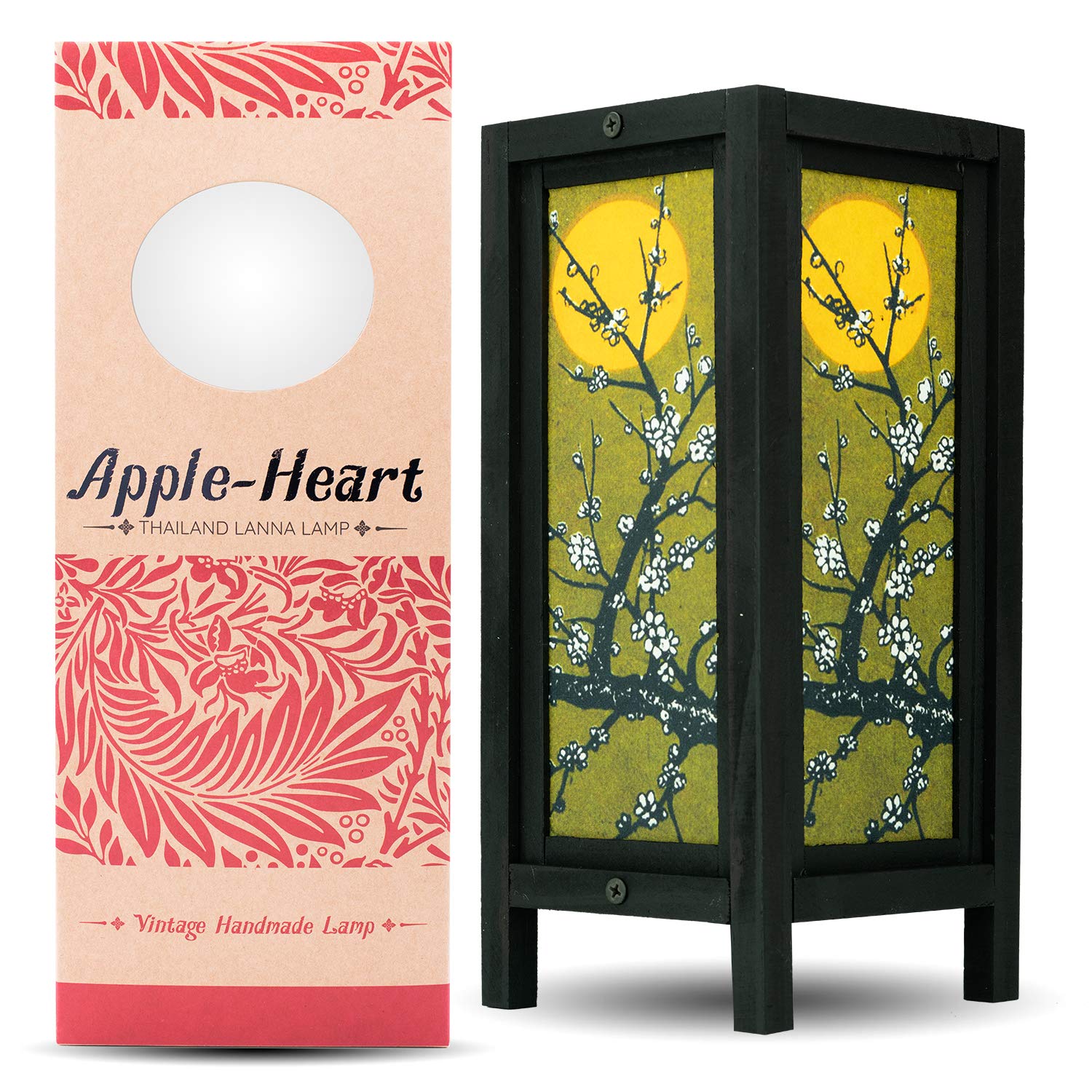 Handmade Vintage Asian Wooden Table Lamp - Apple-Heart Red Berry Design, Modern Lanna Style for Bedroom, Living Room & Garden Decor | Christmas Gift Idea | Moon Sakura Inspired Lighting