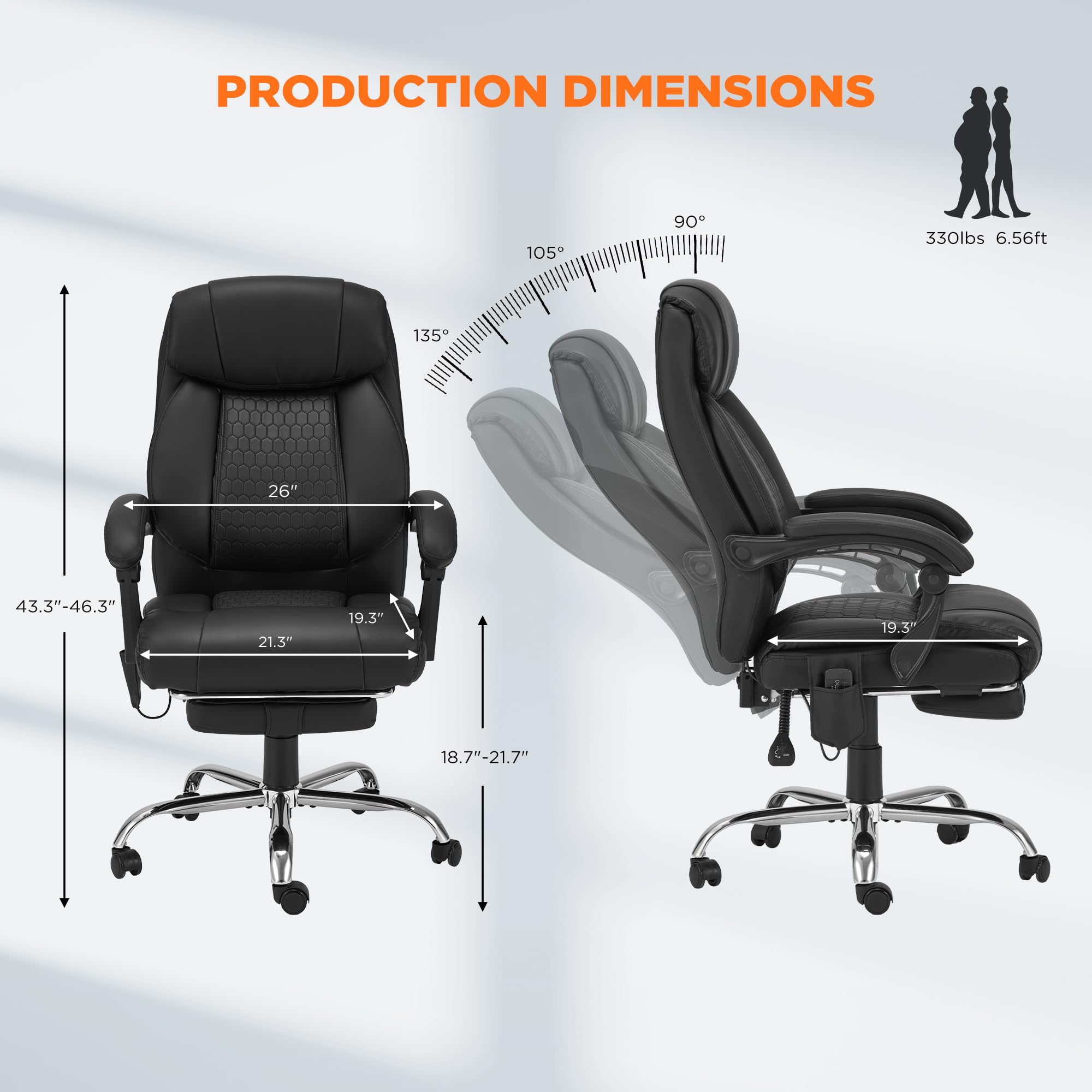 HOMREST Ergonomic Reclining Office Chair with 4-Point Massage & Heat - Adjustable Executive Chair with Retractable Footrest - Comfortable Home Computer Desk Chair for Working, Gaming & Relaxing - Black