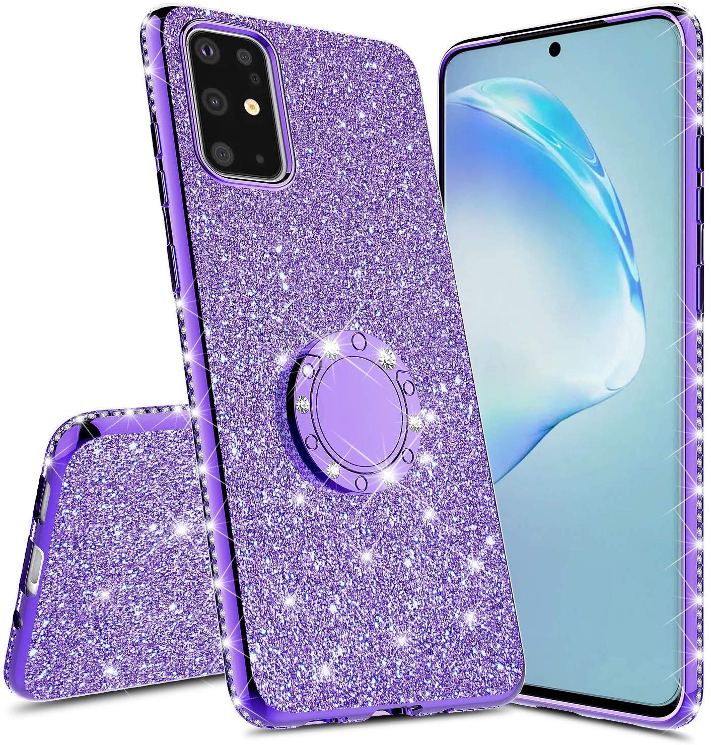 Samsung Galaxy S20 Ultra Case - SOGA Glitter Diamond Rhinestone TPU Phone Cover with Ring Stand & Lanyard for Women (Purple) | Protective Shockproof Case for Everyday Use, Work & Travel