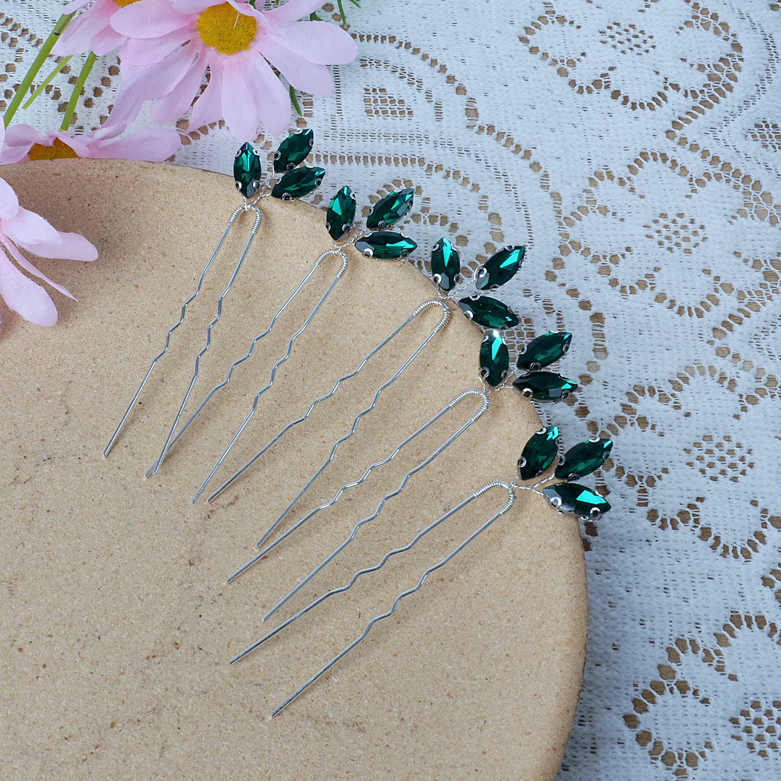 Crystal Hair Pins & Bobby Pins Set - 5 Pack Green Rhinestone Bridal Hair Accessories for Women & Girls | Wedding, Bridesmaid, Prom & Special Occasion Hairstyles