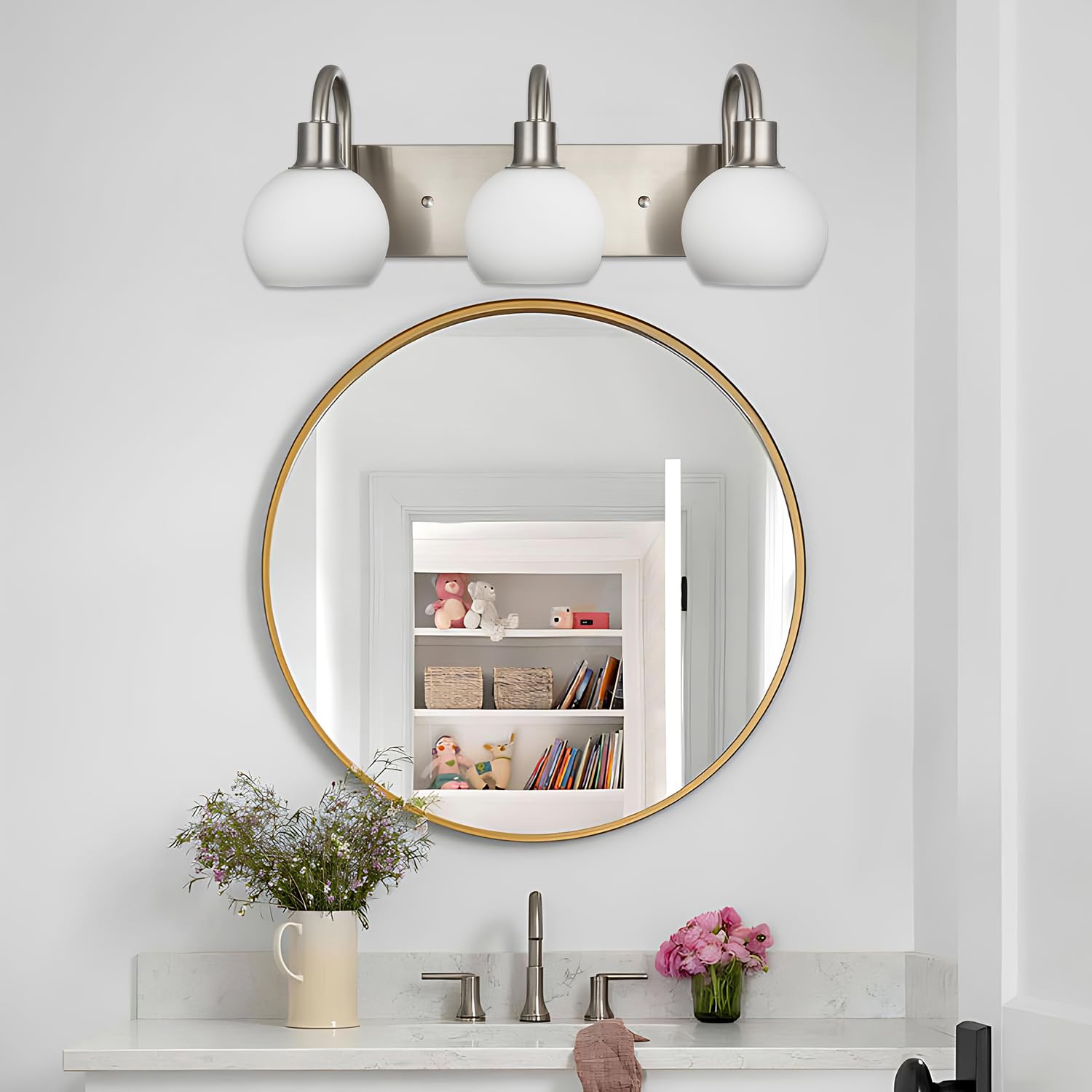 20.4 Inch Modern Bathroom Vanity Light Fixture - 3-Light Brushed Nickel with Milk White Globe Glass - Perfect for Bathroom, Over Mirror, Sink, Hallway & Bedroom Lighting