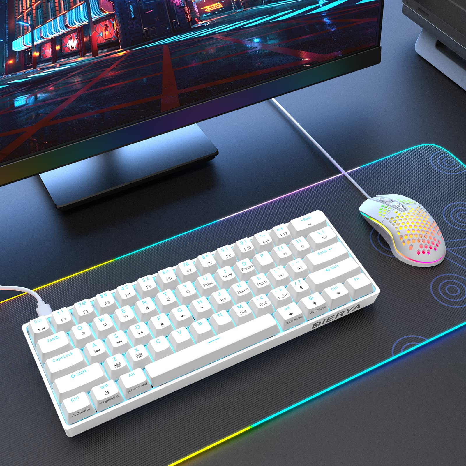 Dierya DK61SE 60% Wired Mechanical Gaming Keyboard - Red Switch, Ice Blue Backlight, Compact 61 Keys Anti-Ghosting (US Layout) - Perfect for PC Gaming, Office Work & Typing Enthusiasts - White