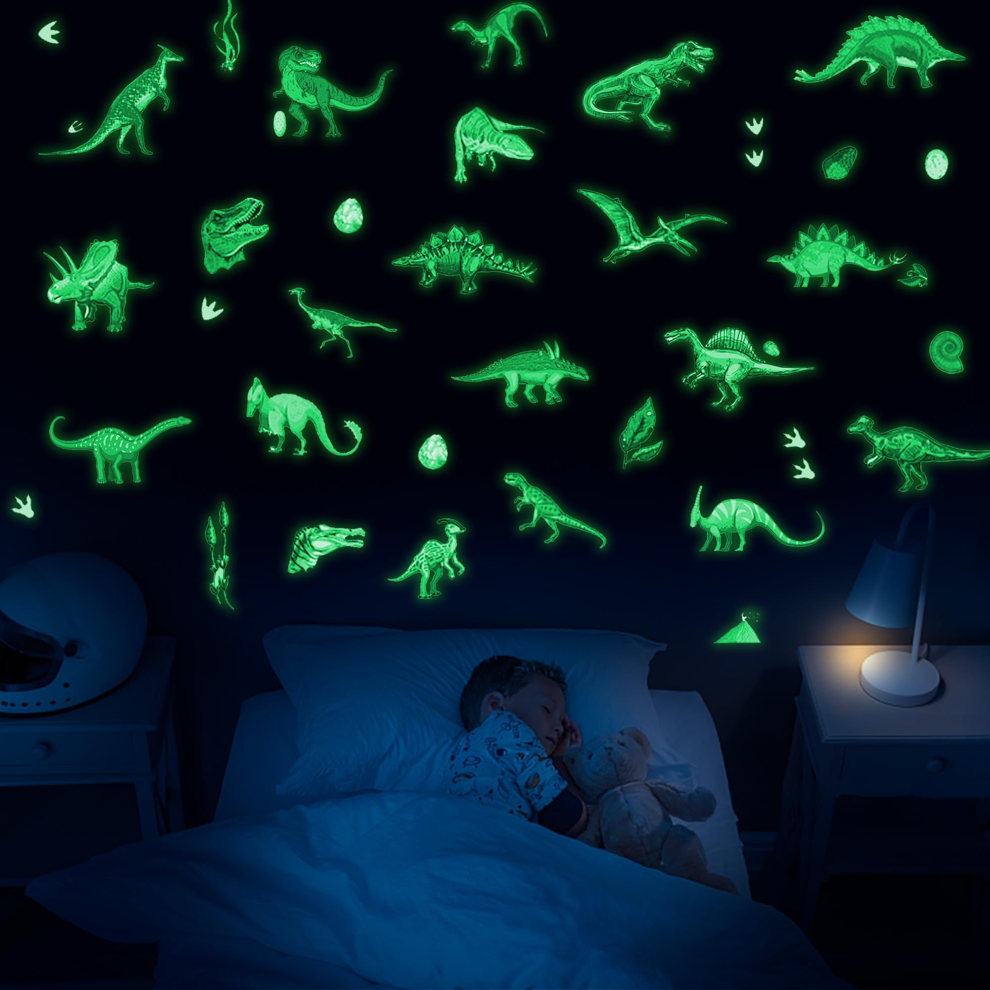 Glow in The Dark Dinosaur Wall Decals - Self-Adhesive Removable Glowing Dinosaur Stickers for Kids Room, Nursery & Ceiling Decor - Perfect for Boys, Girls Bedroom & Baby Gifts - Fun Nighttime Glow Decor for Playrooms & Themed Parties