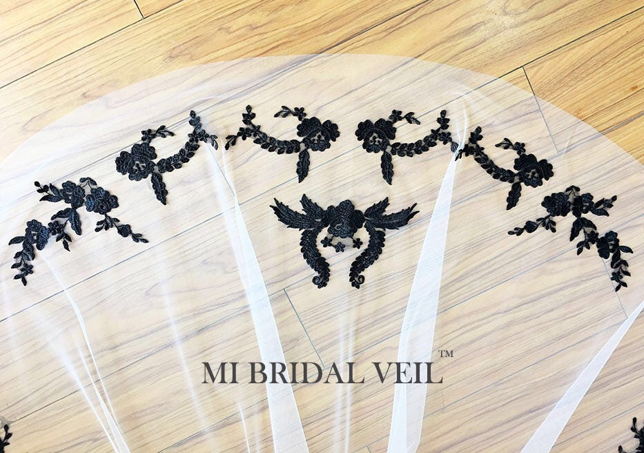 Elegant Black Embroidered Lace Chapel Wedding Veil - Vintage Inspired Bridal Veil for Romantic Weddings, Church Ceremonies & Photo Shoots
