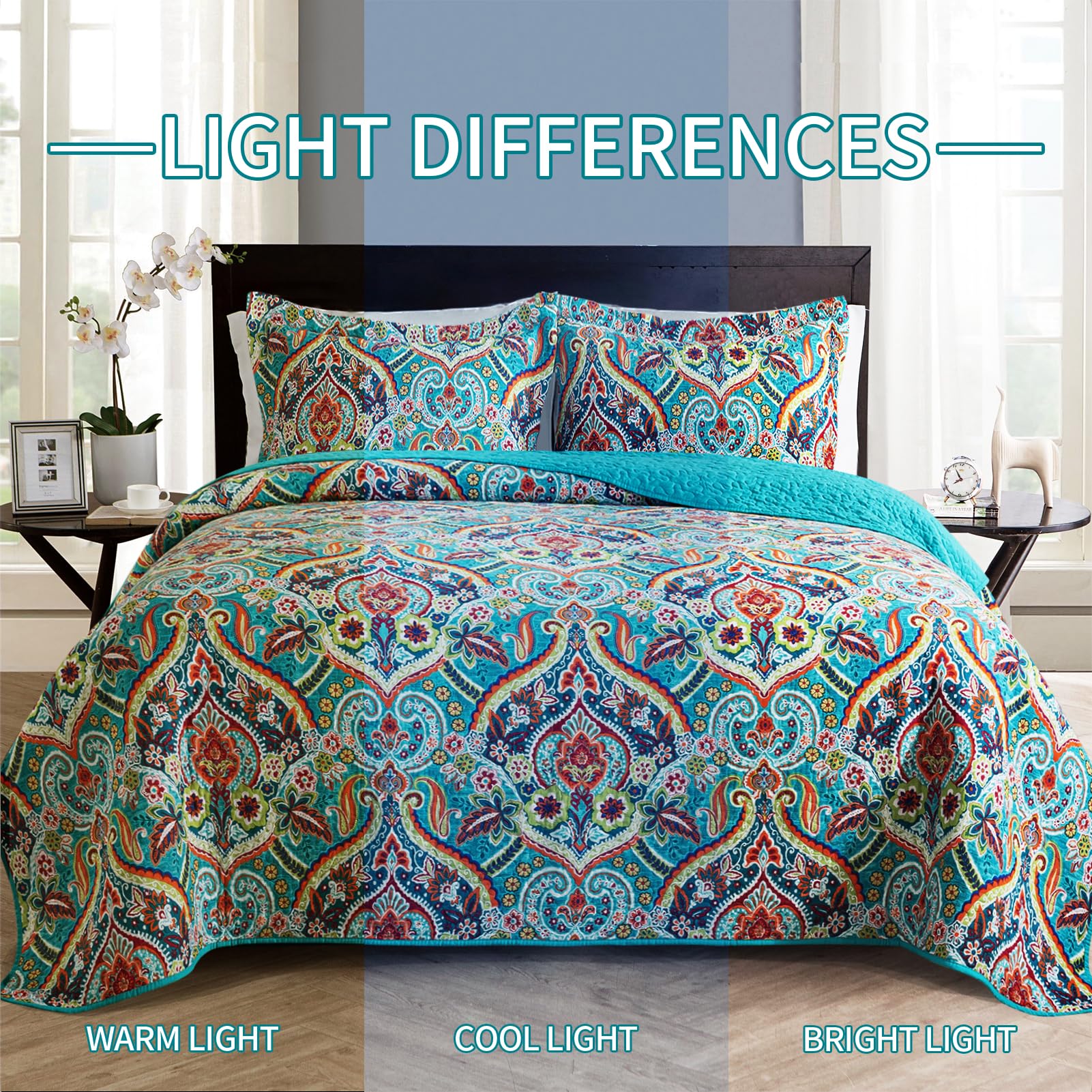 BEDIFANY Queen Size Quilt Set - Lightweight 100% Cotton Reversible Bedspread Coverlet (90x98 Inches) with Boho Design - 3-Piece Bedding Set for Comfortable Sleep - Perfect for Guest Rooms, Master Bedrooms & Cozy Home Decor