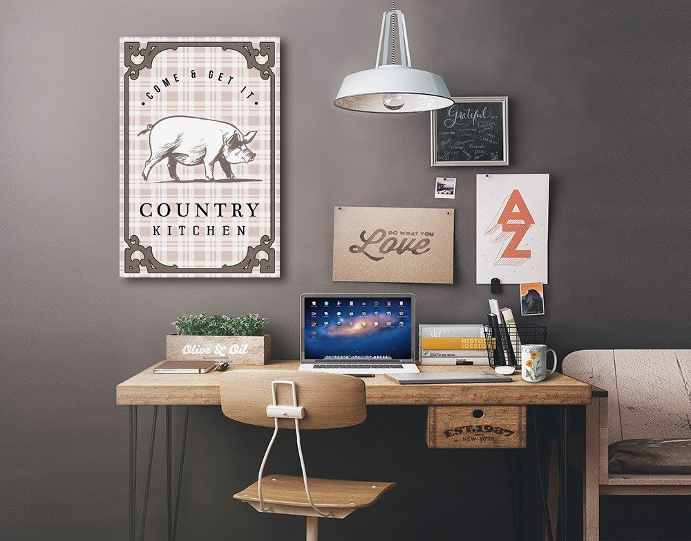Lantern Press Country Kitchen Pig on Plaid Wall Art - 16x24 Wrapped Canvas Print - Farmhouse Kitchen Decor - Perfect for Dining Room, Living Room & Country Style Home Decor