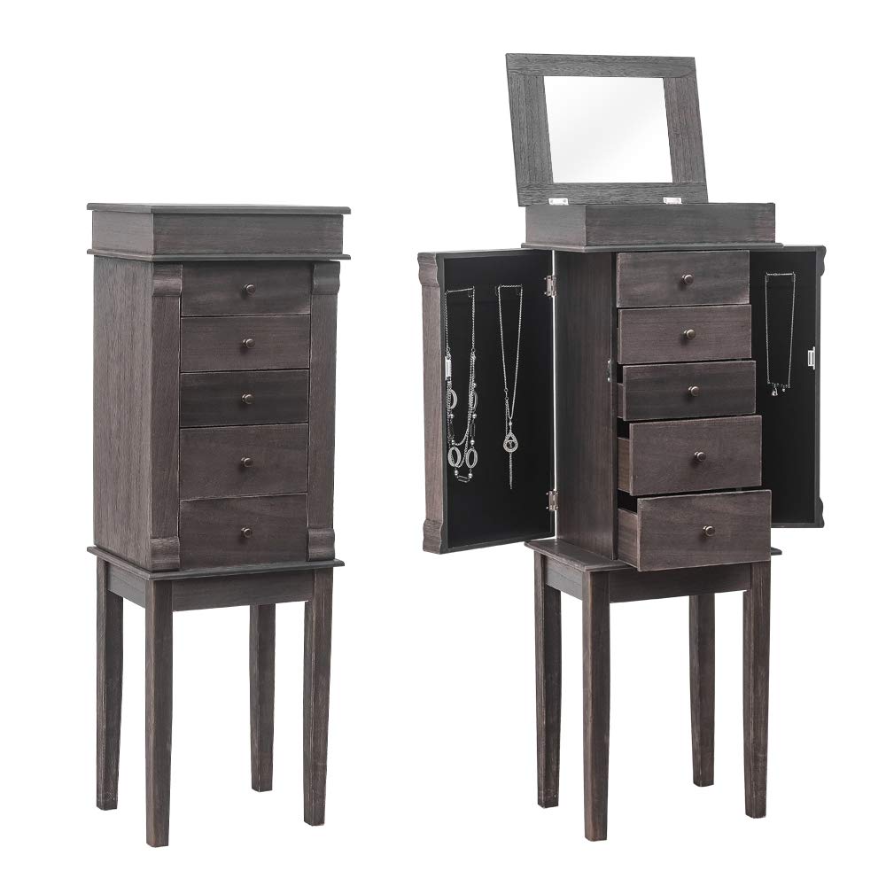 GT2-LC Standing Jewelry Armoire with Full-Length Mirror - 5 Drawers & 8 Necklace Hooks - Jewelry Storage Cabinet with Top Organizer & 2 Side Doors (Grey) - Perfect for Bedroom, Closet & Dressing Room Organization