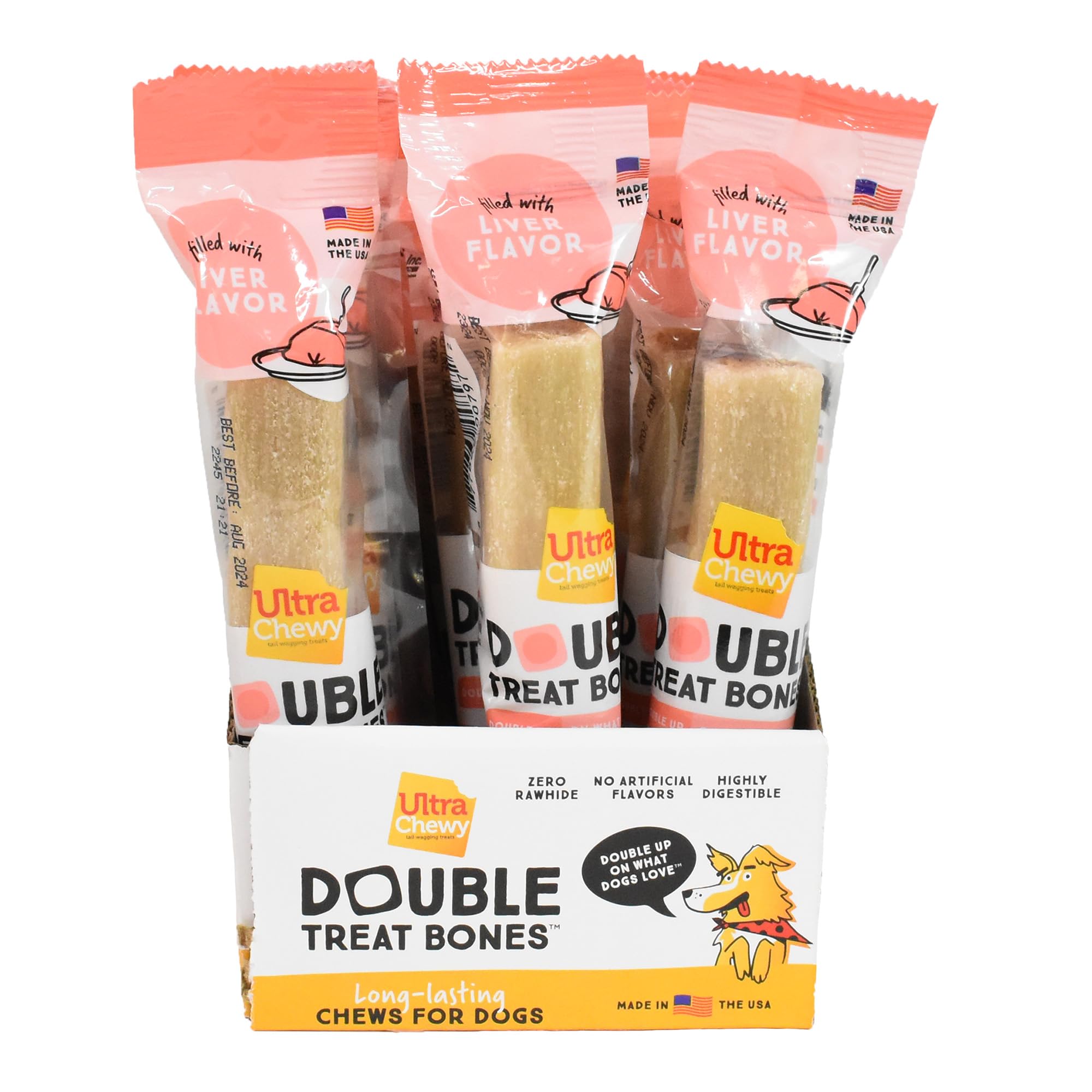 Premium USA-Made Ultra Chewy Liver Double Treat Bones - Long-Lasting, Highly Digestible Dog Treats for Large & Small Breeds - Ideal for Aggressive Chewers (12 Count) - Perfect for Training Rewards & Dental Health