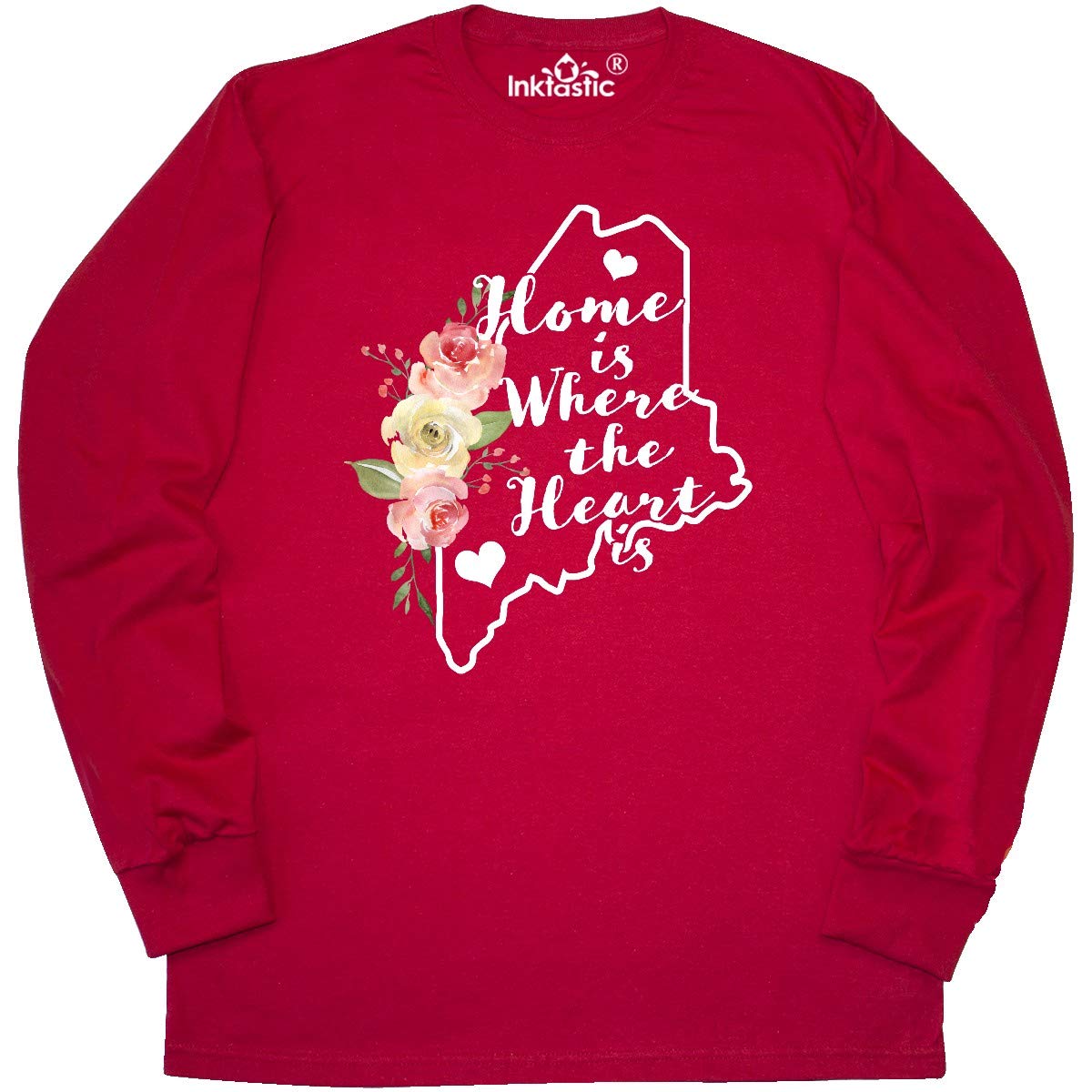 Inktastic Maine Home is Where The Heart is Watercolor Print Long Sleeve T-Shirt for Women - Cozy Casual Wear for Fall & Winter, Perfect for Family Gatherings and Outdoor Activities