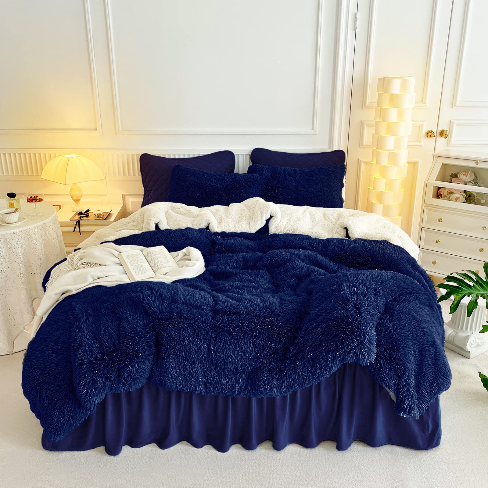UOZZI Navy Faux Fur Comforter Set King Size 3-Piece - 1 Ultra Soft Shaggy Comforter 104