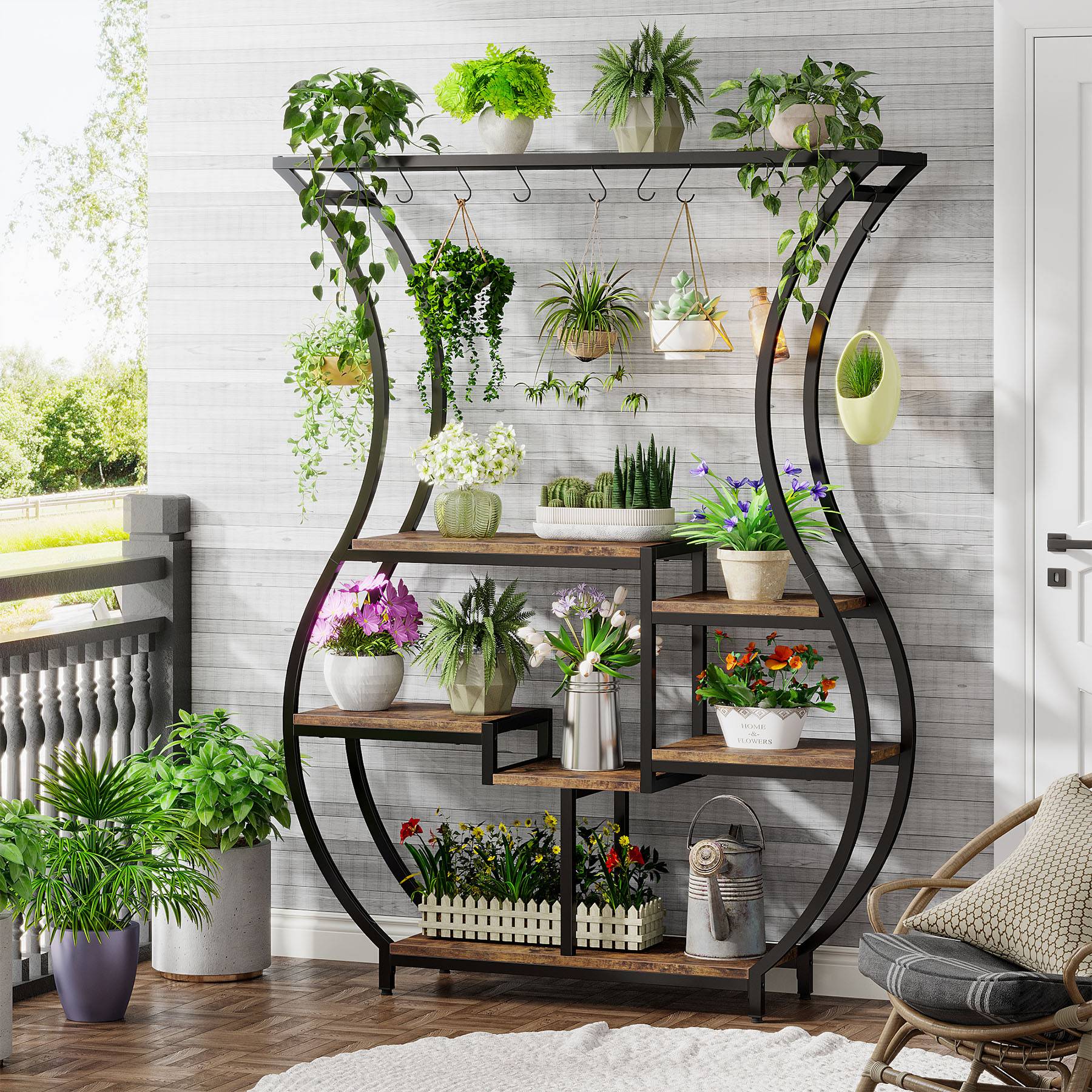 6 Tier Vase Shaped Plant Stand with 10 Hanging Hooks - Multi-Level Flower Pot Holder for Indoor/Outdoor Decor, Balcony & Garden Plant Display Rack