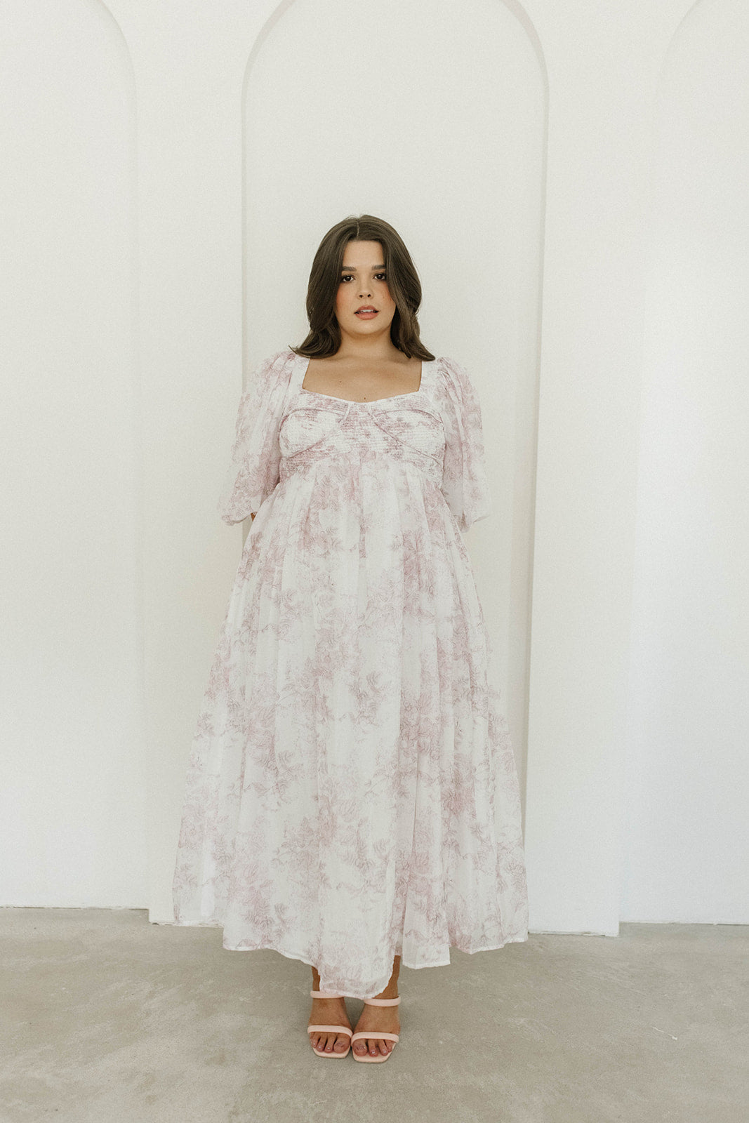 Light Pink Floral Harlow Midi Dress - Bump Friendly Maternity Dress with Inclusive Sizing (S-3XL) | Perfect for Baby Showers, Bridal Events & Summer Weddings