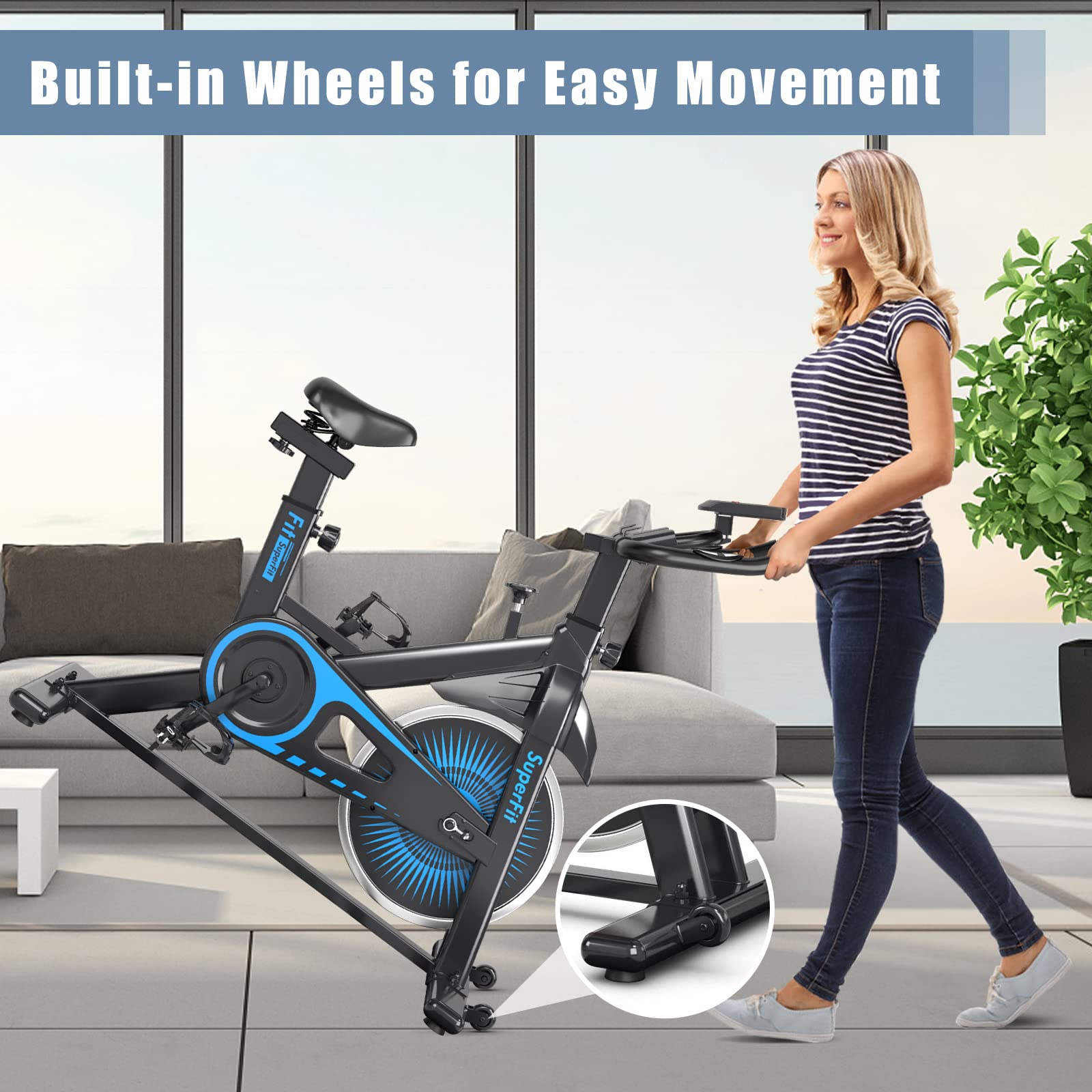 GYMAX Stationary Exercise Bike for Home Gym - Indoor Cycling Bike with LCD Monitor & Heart Rate Sensor, Adjustable Seat & Quiet Belt Drive - Perfect for Cardio Workout, Weight Loss & Home Fitness Training