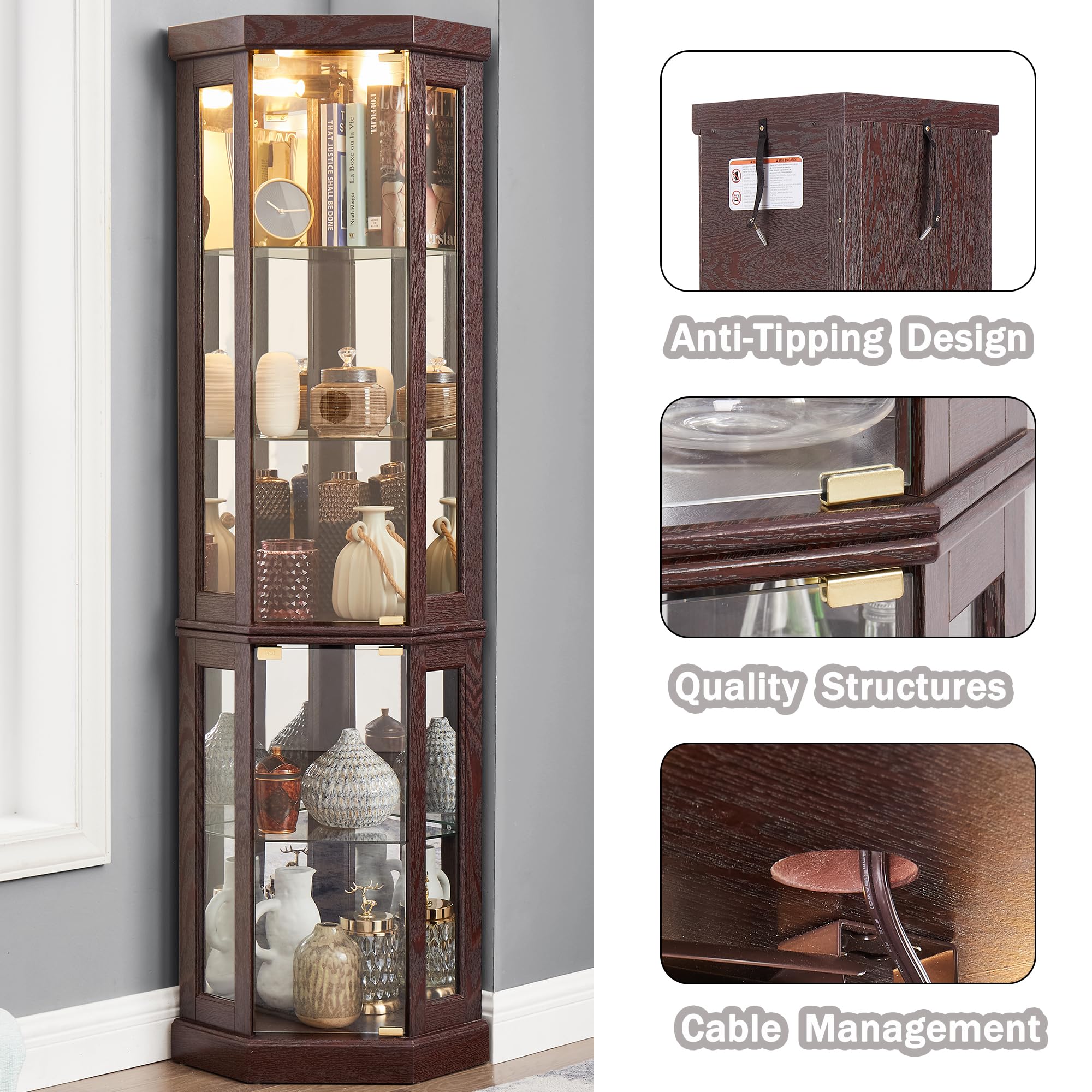 Dark Cherry Corner Curio Cabinet with LED Light - 69
