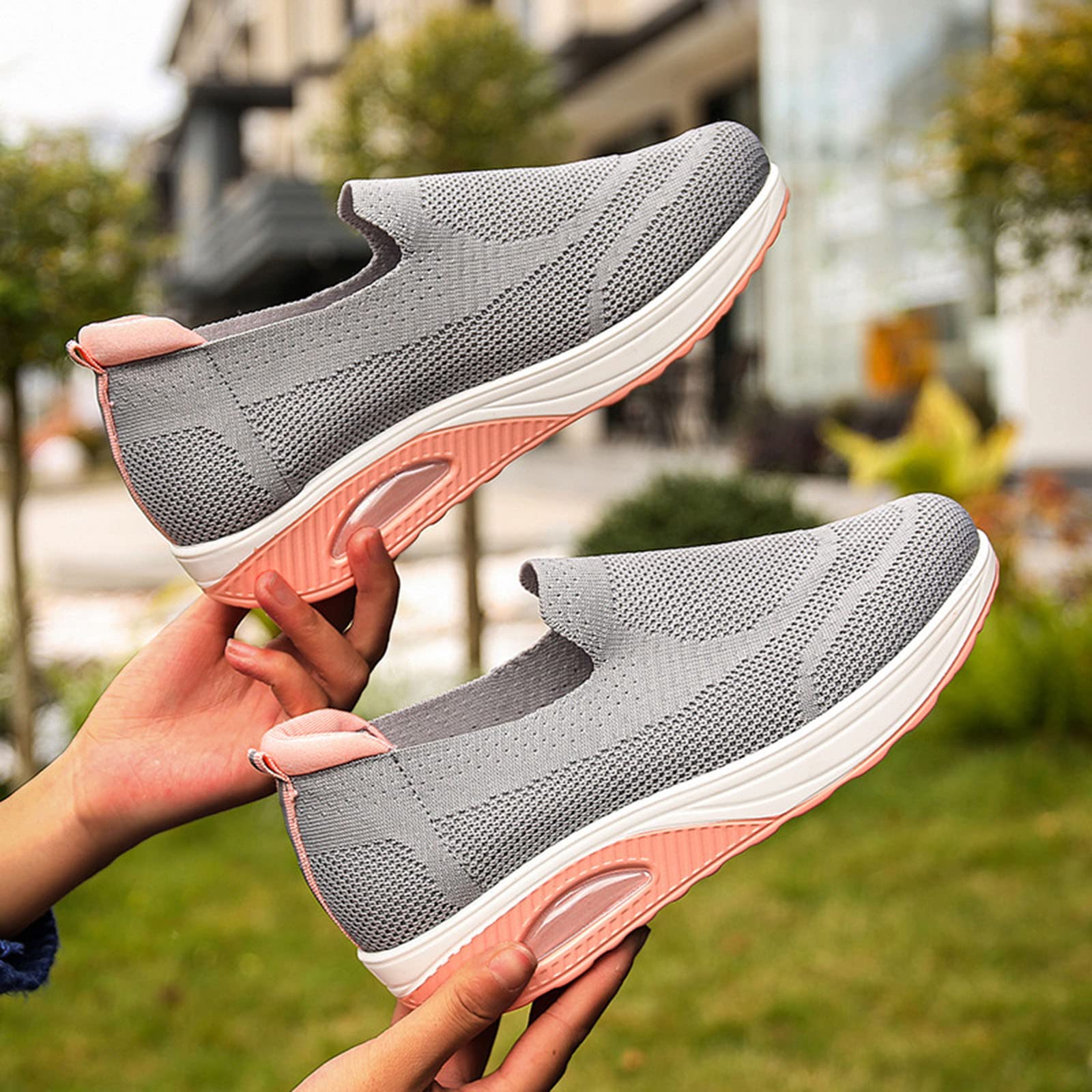 Women's Slip-On Wedge Sneakers - Wide Width Walking Shoes with Mesh Air Cushion & Knitted Upper | Comfortable Platform Shoes for Nurses, Casual Running & Everyday Wear