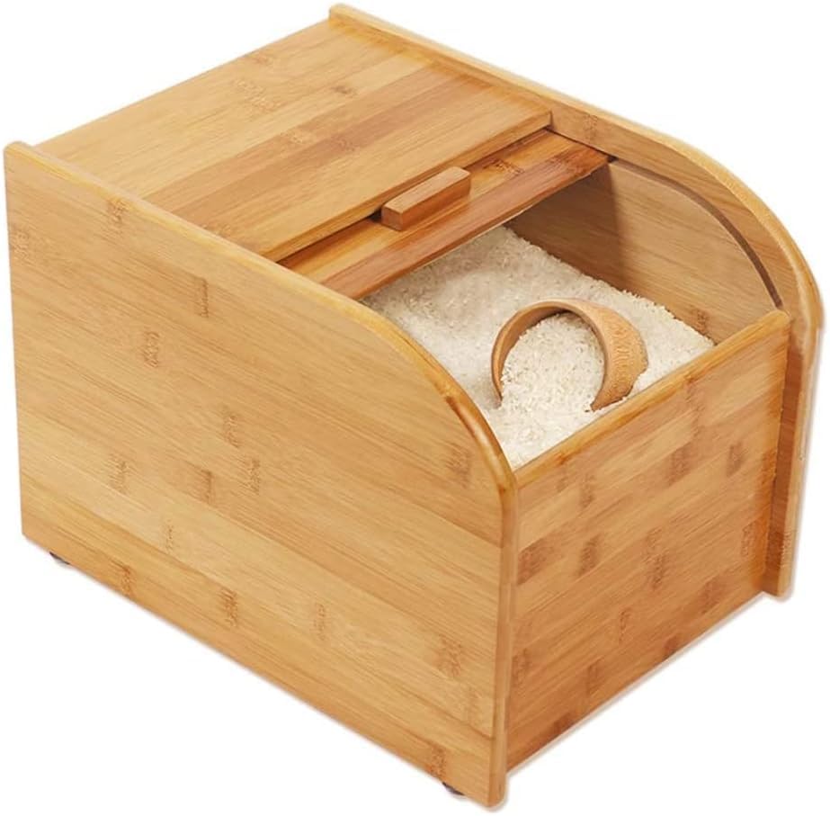 Premium Bamboo Rice Storage Container with Sliding Lid & Measuring Cup - Airtight Dry Food Dispenser for Kitchen, Pantry Organization - Perfect for Storing Rice, Grains, Cereals, Flour & Bulk Foods
