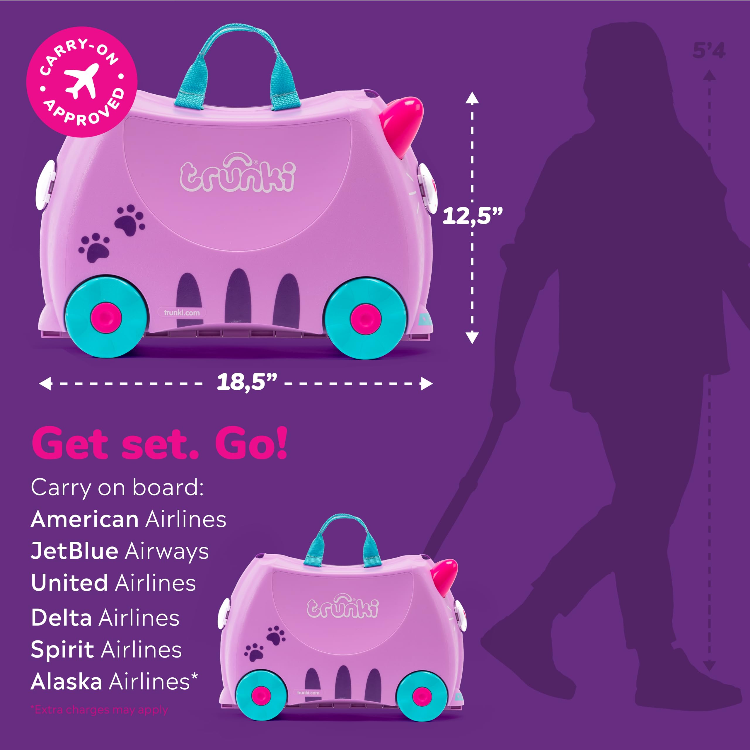Trunki Ride-On Kids Suitcase - Toddler Luggage with Wheels, Carry-On Travel Bag for Airplane - Cute Cassie Cat Lilac Design - Perfect for Family Trips, Air Travel & Preschool Adventures