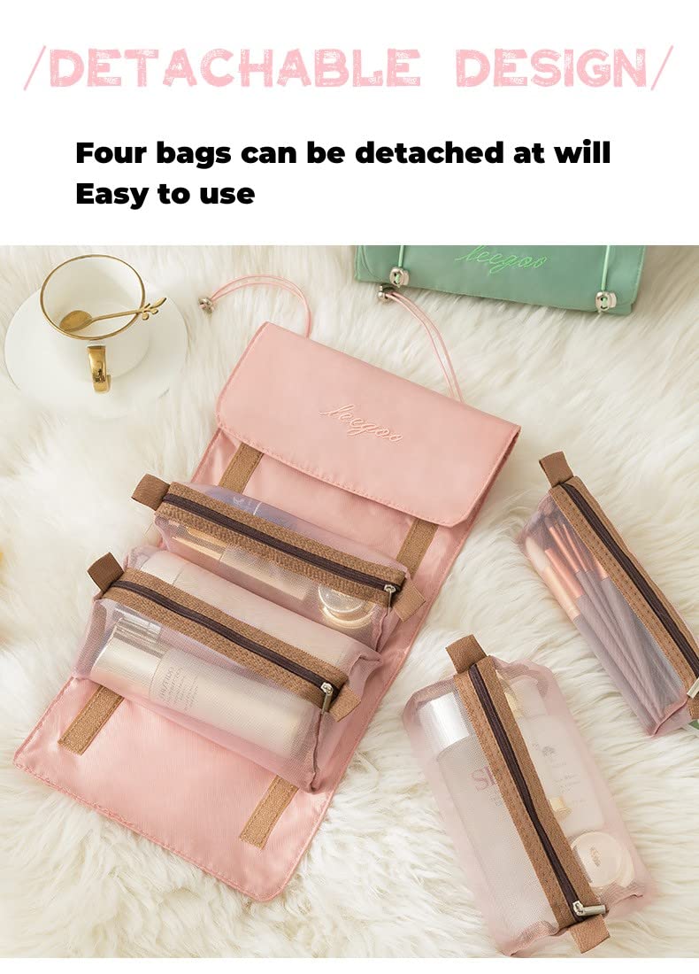 WUBAYI Travel Cosmetic Bag - Waterproof Hanging Toiletry Organizer with 4 Compartments | Foldable Detachable Mesh Makeup Bag for Women | Perfect for Travel, Camping & Gym Essentials Organization