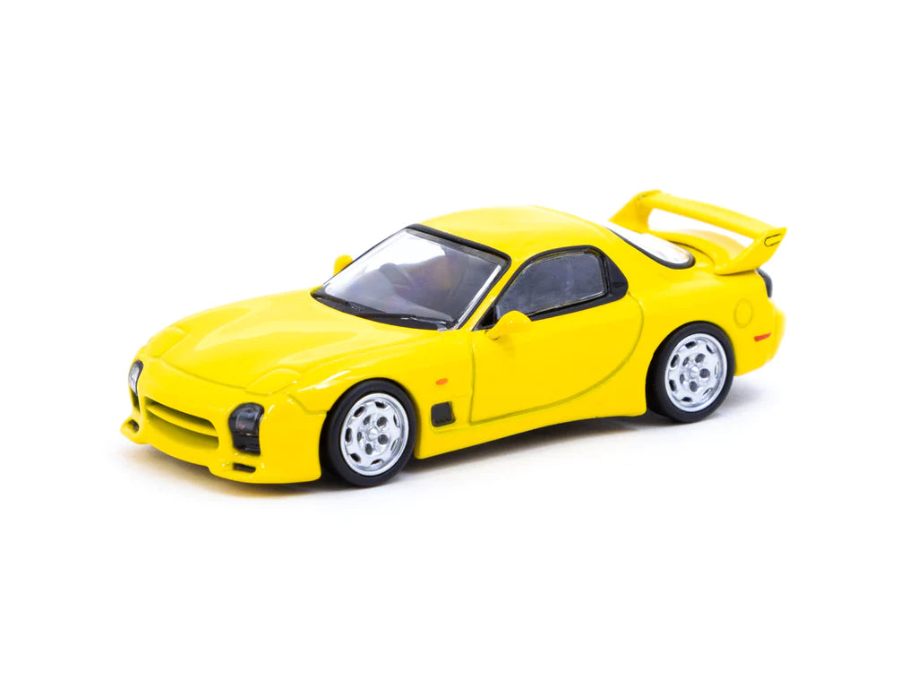 Tarmac Works 1:64 Scale Mazda RX-7 FD3S Mazdaspeed A-Spec Diecast Model Car - Competition Yellow Mica | Collectible Toy Car for Display, Racing Games & Gift Giving