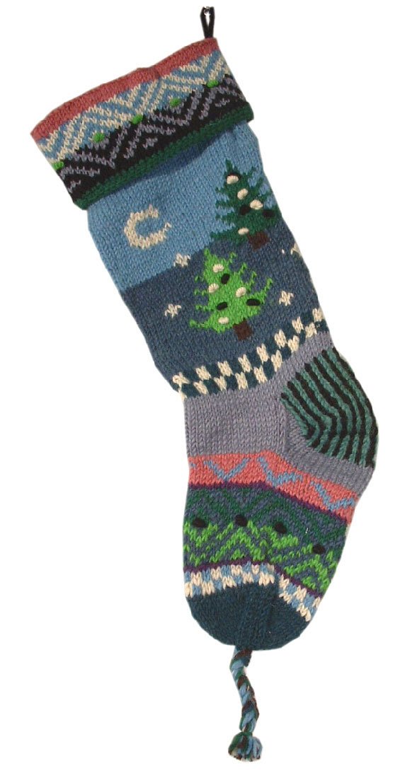 Fair Trade Organic Handknit Wool Christmas Stockings - Eco-Friendly Holiday Decor, Keepsake Quality, Blue Christmas Tree Design - Perfect for Fireplace Mantel, Gift Exchange & Festive Home Decor