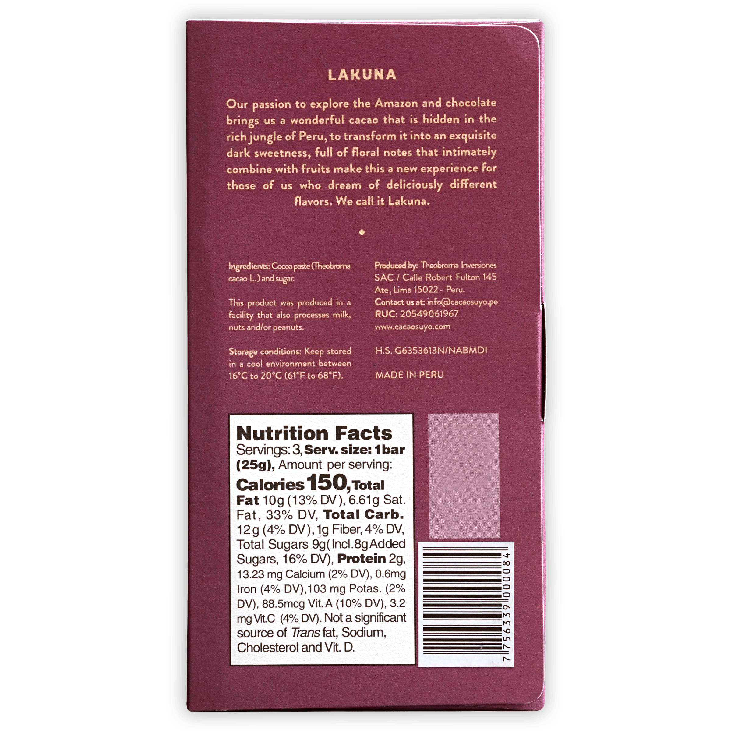 Organic Cacaosuyo Lakuna 70% Dark Chocolate Bar - Premium Single Origin Peruvian Cocoa - Perfect for Baking, Gifting & Healthy Snacking