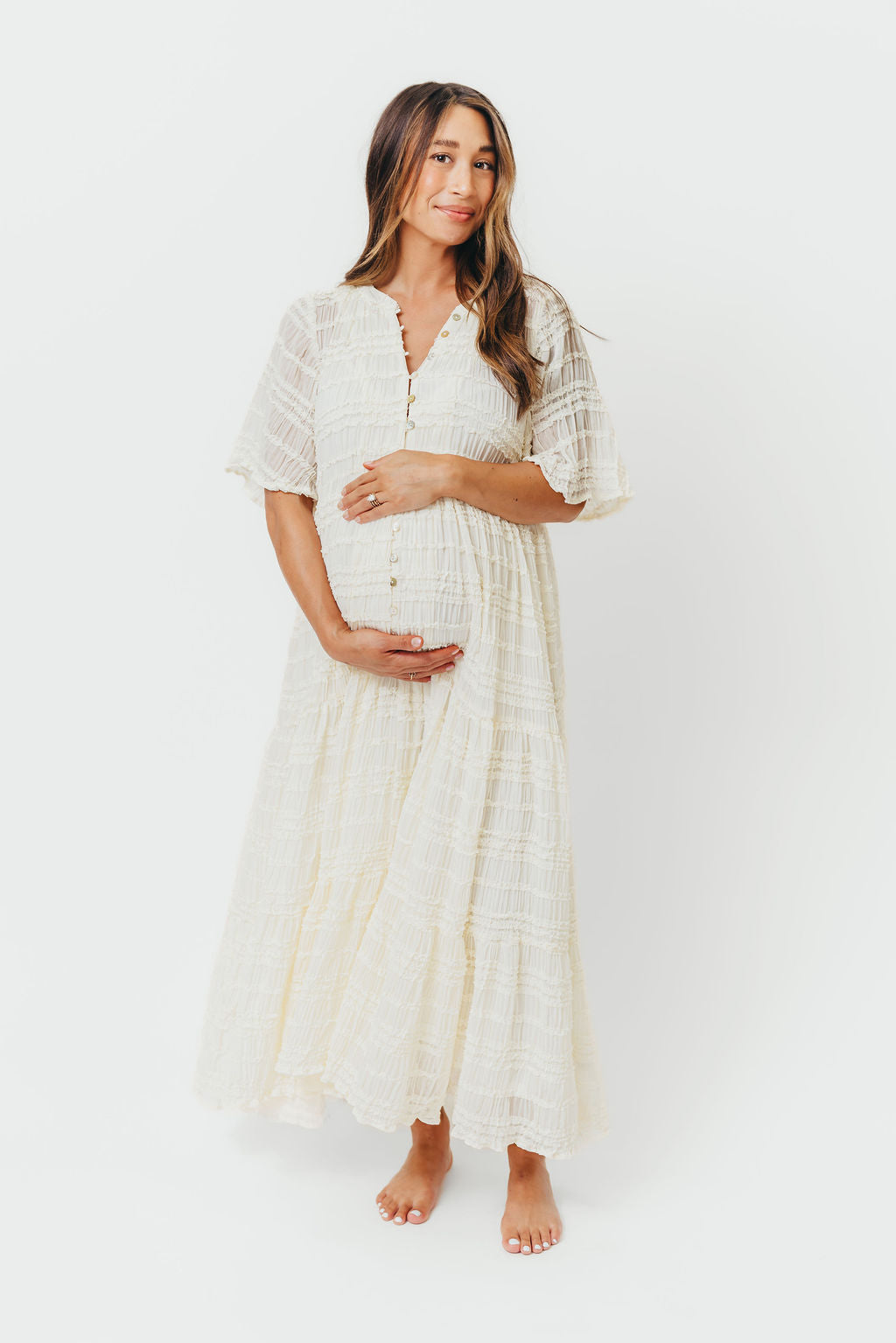 Kristin Tiered Woven Maxi Dress in Ivory - Bump Friendly Maternity Dress with Detachable Liner | Perfect for Pregnancy, Weddings & Summer Vacations