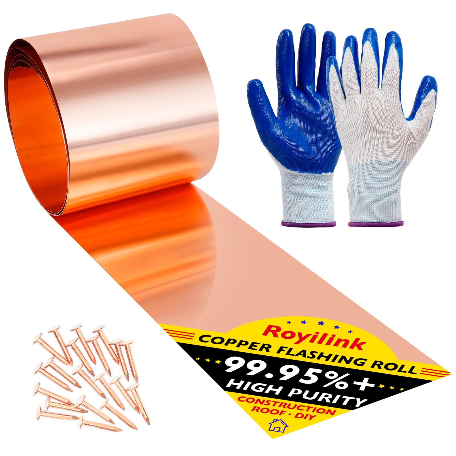 20 Gauge Pure Copper Flashing Roll (0.031”/0.8mm Thick) - 6in x 10ft ASTM B152 99.95%+ Copper Sheet for Roofing, DIY Projects & Contractors - Perfect for Roof Repairs, Chimney Flashing & Home Renovations