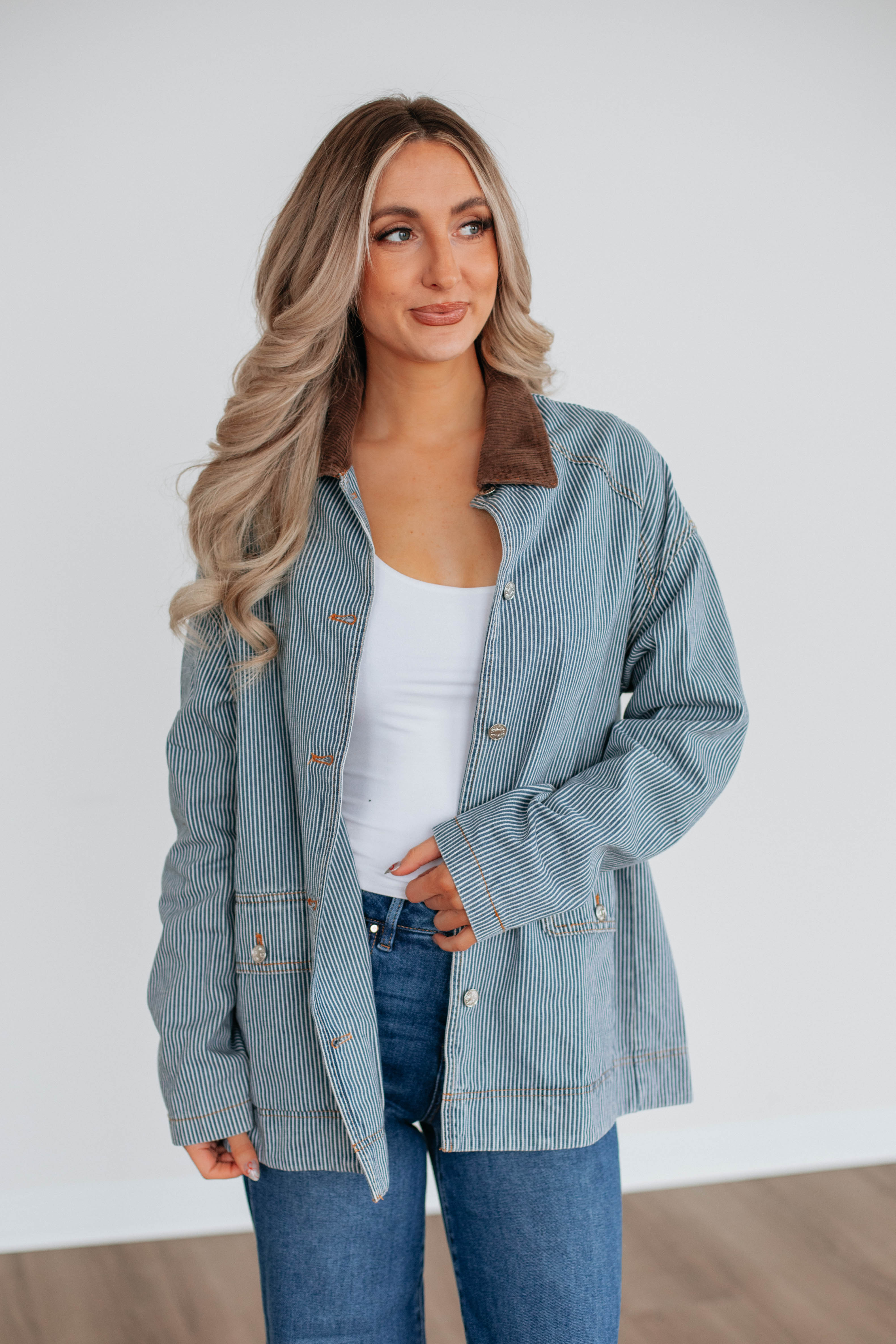 Harlan Striped Denim Jacket for Women - Light Wash Distressed Vintage Style - Perfect for Casual Outfits, Streetwear & Spring Layering