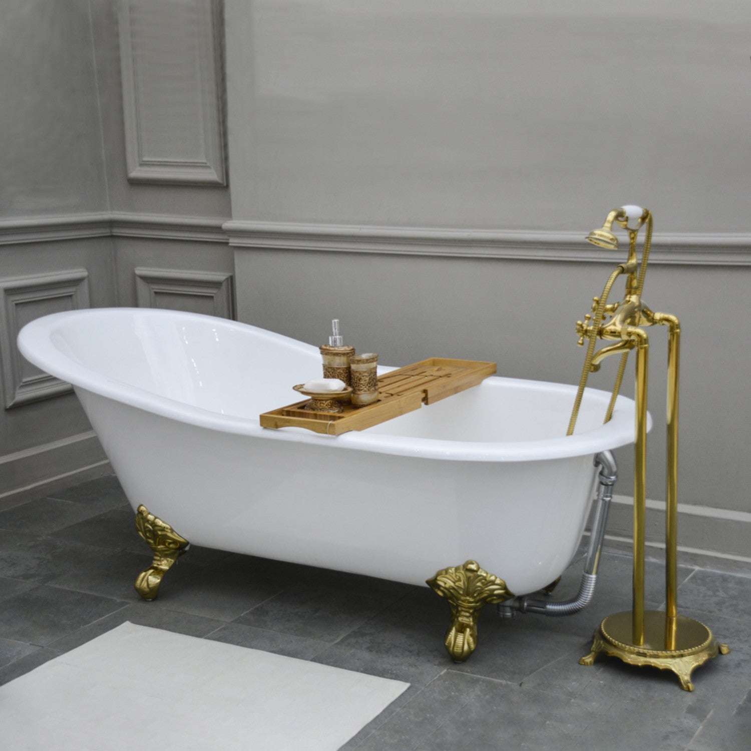 Aqua Eden 61 Inch White Oval Cast Iron Clawfoot Bathtub - No Faucet Drillings, Polished Brass Finish | Vintage Freestanding Soaking Tub for Bathroom Remodel & Spa Retreat