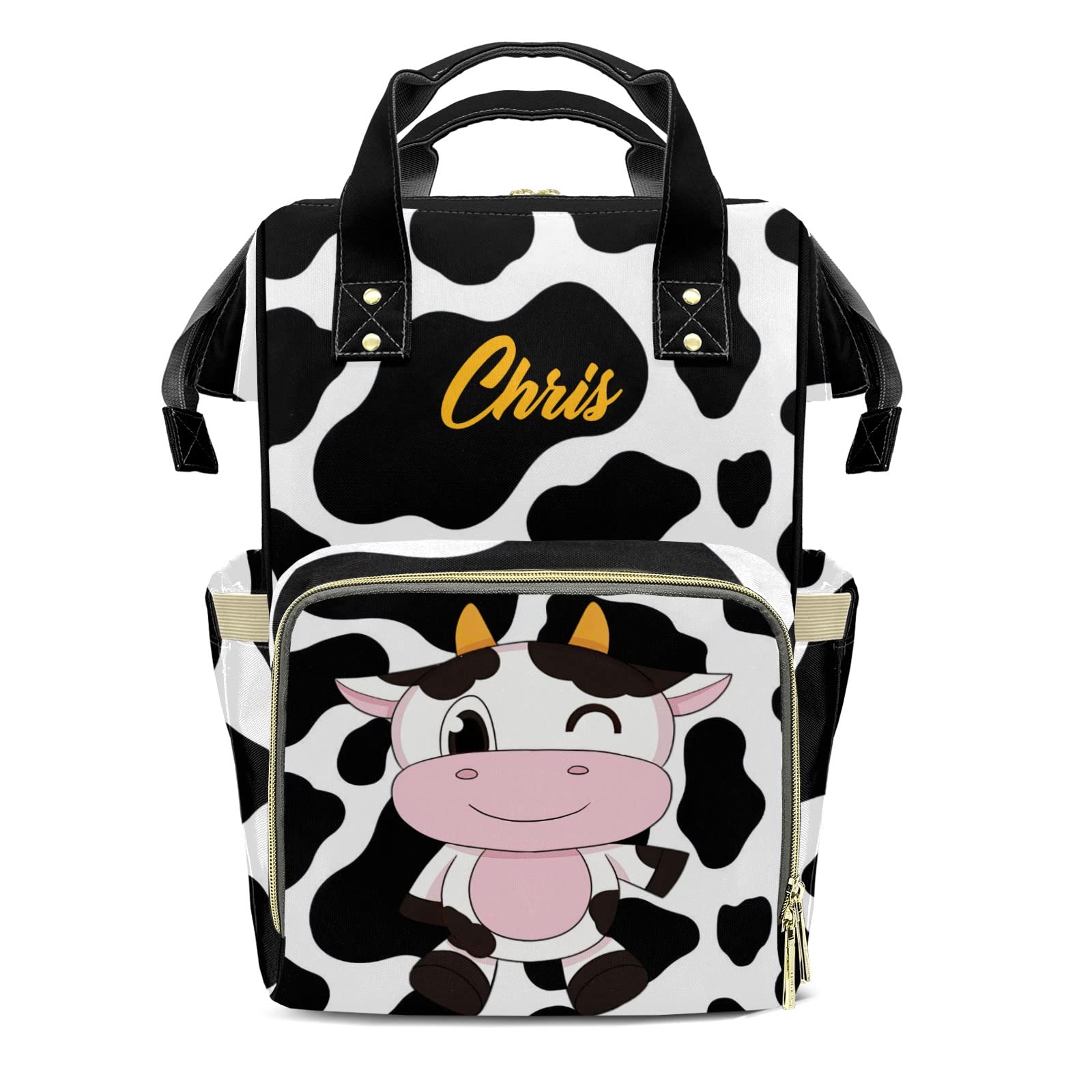 Custom Personalized Cow Print Diaper Backpack - Name Embossed Mummy Bag for Baby Essentials | Perfect Baby Shower Gift & Travel Nappy Organizer
