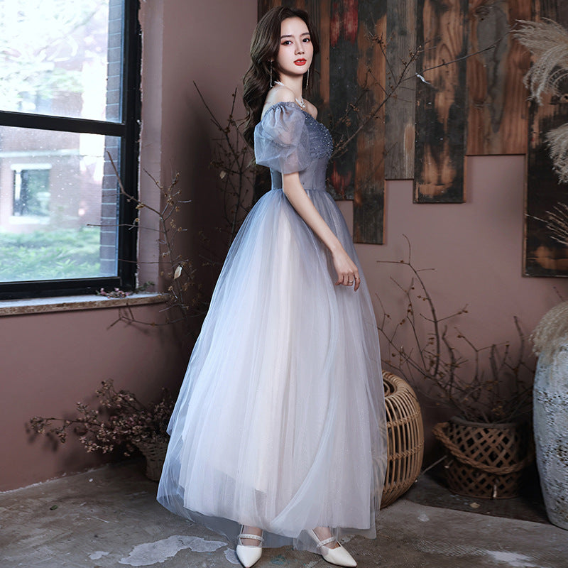 Elegant Gradient A-Line Tulle Prom Dress with Puff Sleeves - Shiny Long Evening Gown for Homecoming, Wedding, Party | Style 590