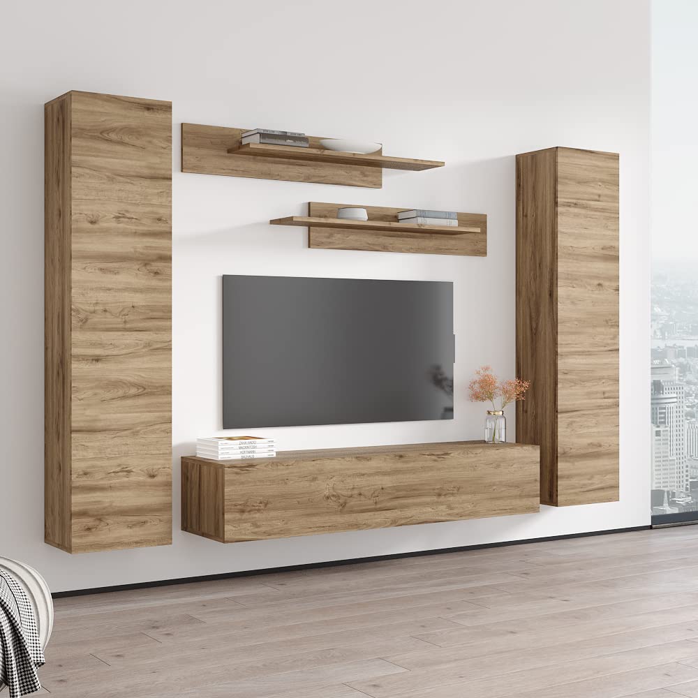 Modern Oak Wall-Mounted TV Stand with Storage Shelves & LED Lights - Floating Entertainment Center Console for Living Room & Bedroom - Perfect for Small Spaces & Home Theater Setups - Meble Furniture Fly AB1 30TV Stand