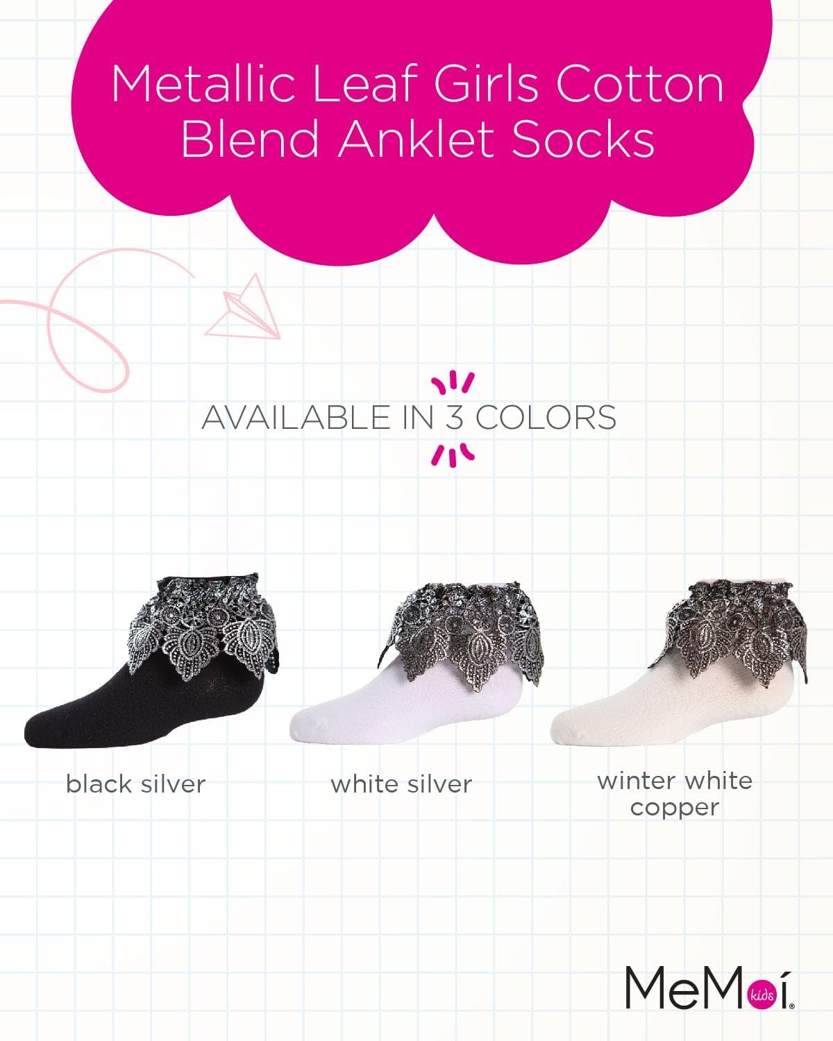 MeMoi Metallic Leaf Girls Cotton Blend Anklet Socks - Cute & Comfortable for School, Play & Everyday Wear