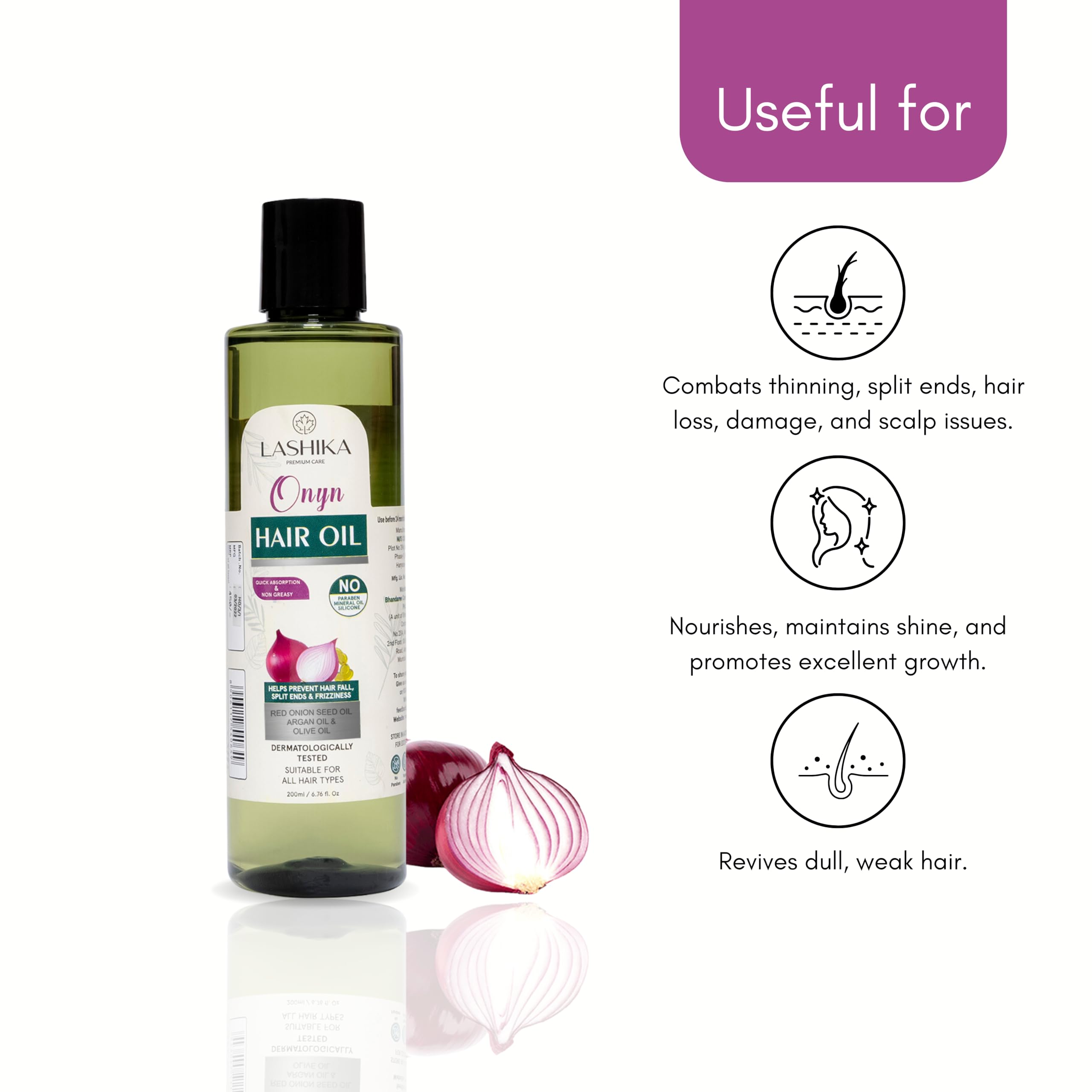 LASHIKA Onion Hair Oil for Hair Growth & Fall Control - 200ml | Enriched with Onion Seed Oil, Black Seed, Coconut & Olive Oil | Strengthens & Revives Dull Hair | For Men & Women | Perfect for Daily Hair Care & Scalp Massage