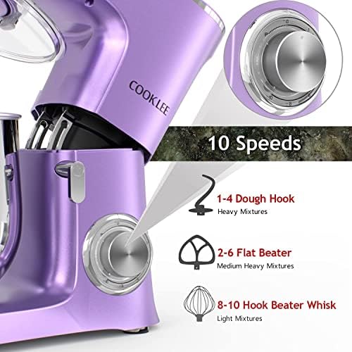COOKLEE 9.5 Qt 660W Stand Mixer - 10-Speed Electric Kitchen Mixer with Dishwasher-Safe Dough Hook, Flat Beater & Wire Whip Attachments - Perfect for Baking Cakes, Cookies, Bread & Dough - Lavender