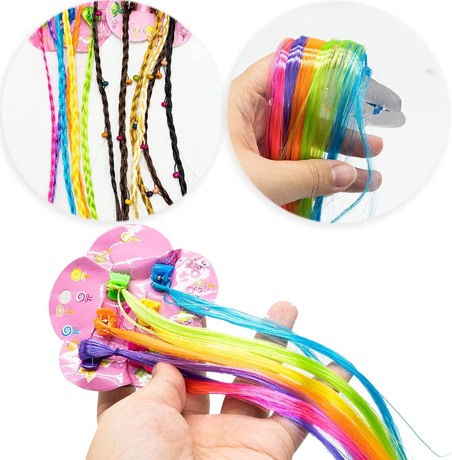 Ghelonadi Kids Hair Braids Extensions - 12pc Rainbow Hair Tinsel & Synthetic Braided Hair Pieces with Clips for Girls | Perfect for Cosplay, School Performances, Parties & Dance Costumes