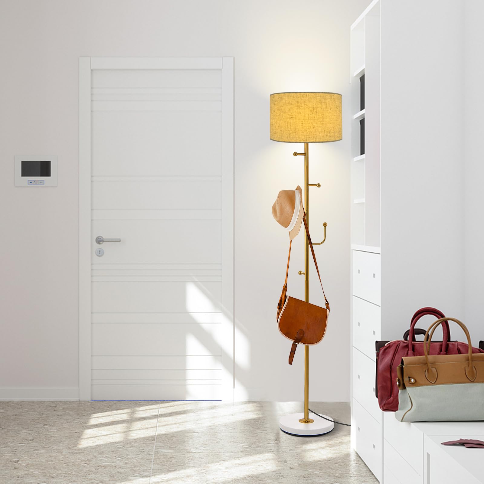 Tangkula Modern Floor Lamp with Coat Rack - 5 Hooks, Foot Switch & Weighted Base, Tall Standing Pole Light for Bedroom & Living Room (E26 Bulb Required) | Perfect for Entryway, Dorm, or Apartment Lighting