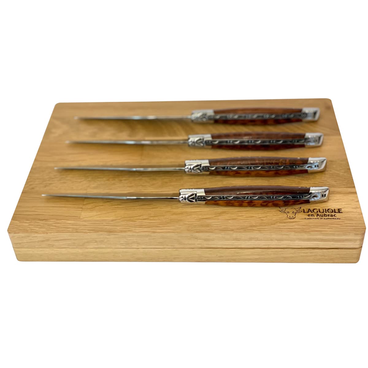 Laguiole en Aubrac Luxury Forged Full Tang Stainless Steel Steak Knives Set - 4-Piece with Amourette Snakewood Handle & Shiny Bolsters - Perfect for Fine Dining, Steakhouse Experience & Gourmet Gifts