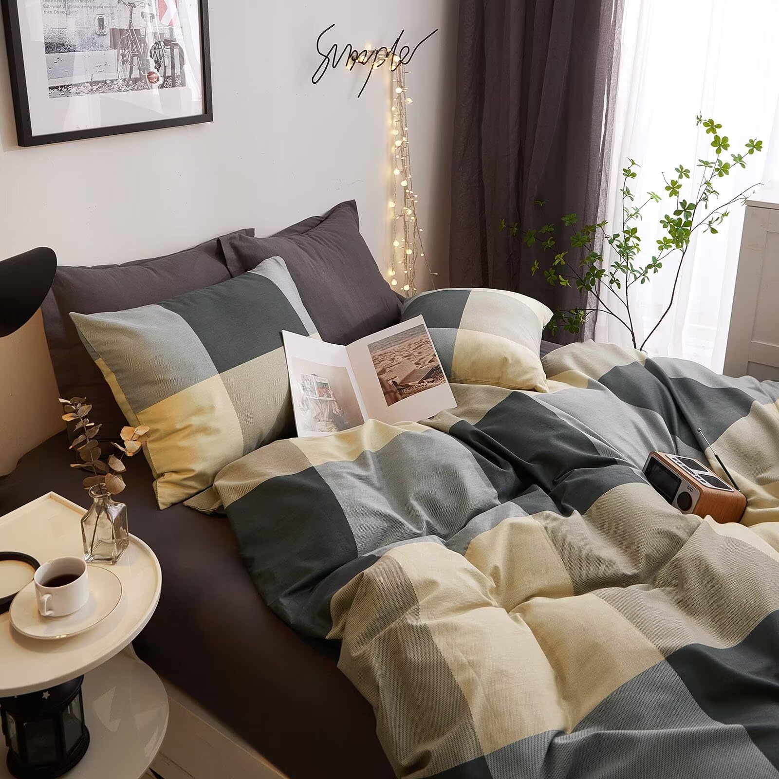 VClife Queen Size Cotton Duvet Cover Set - 3 Piece Modern Geometric Printed Bedding in Beige, Black & Grey | All Season Breathable Duvet Cover with Zipper Closure & Corner Ties | Easy Care for Bedroom, Guest Room & Dorm Decor