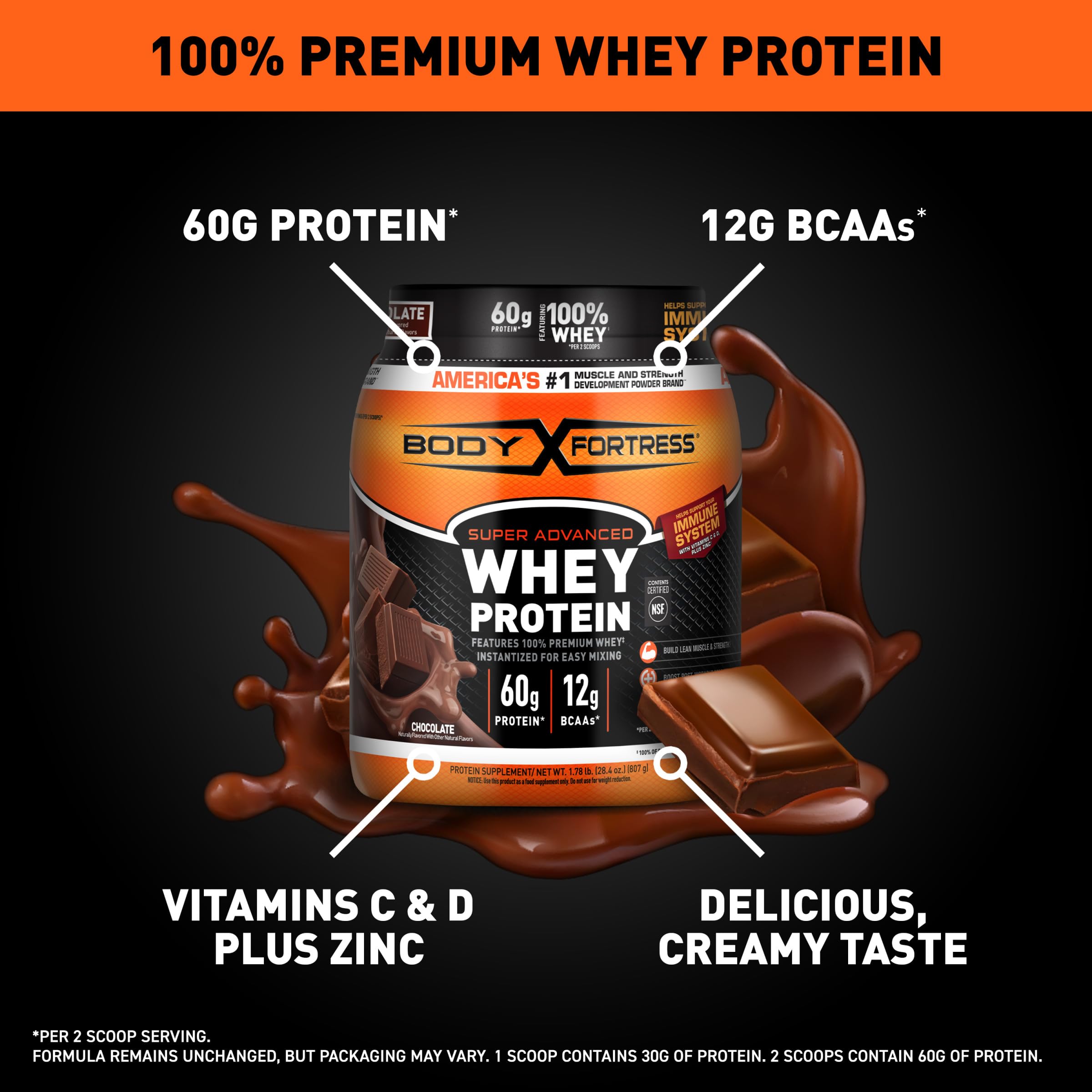 Body Fortress 100% Whey Protein Powder - Premium Chocolate Flavor, 1.78lbs (810g) for Muscle Recovery & Strength Building - Ideal for Post-Workout Shakes & Smoothies
