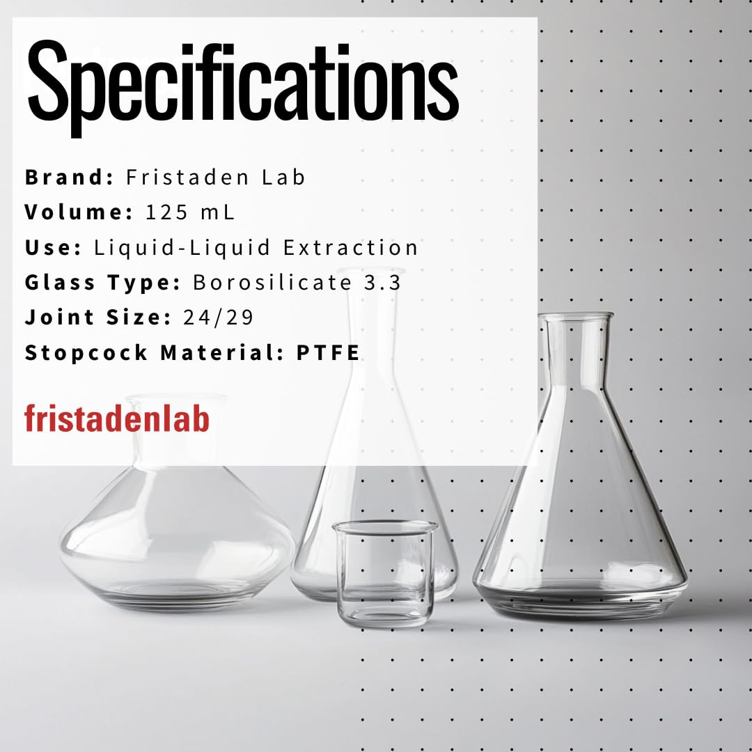 Premium 125 mL Borosilicate Glass Separatory Funnel with PTFE Stopcock Valve | 24/29 Joint Size | Lab-Grade Chemical Separation Equipment | Ideal for Organic Chemistry, Essential Oil Extraction & Liquid-Liquid Separation (125ml, Clear)