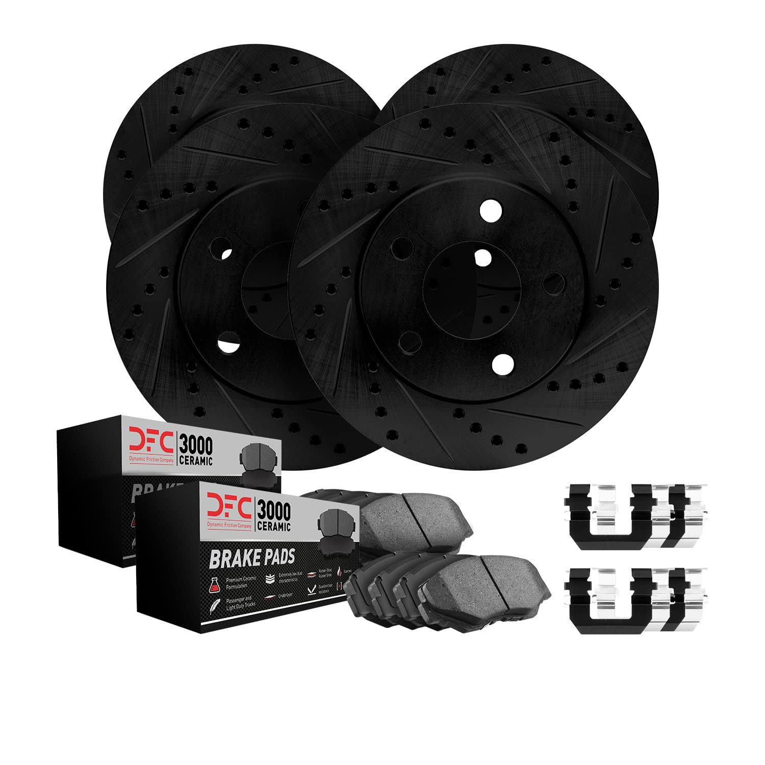 Dynamic Friction Company Full Brake Kit - Drilled & Slotted Black Rotors with Ceramic Brake Pads & Hardware 8314-21017 | High-Performance Braking for Trucks, SUVs & Performance Cars
