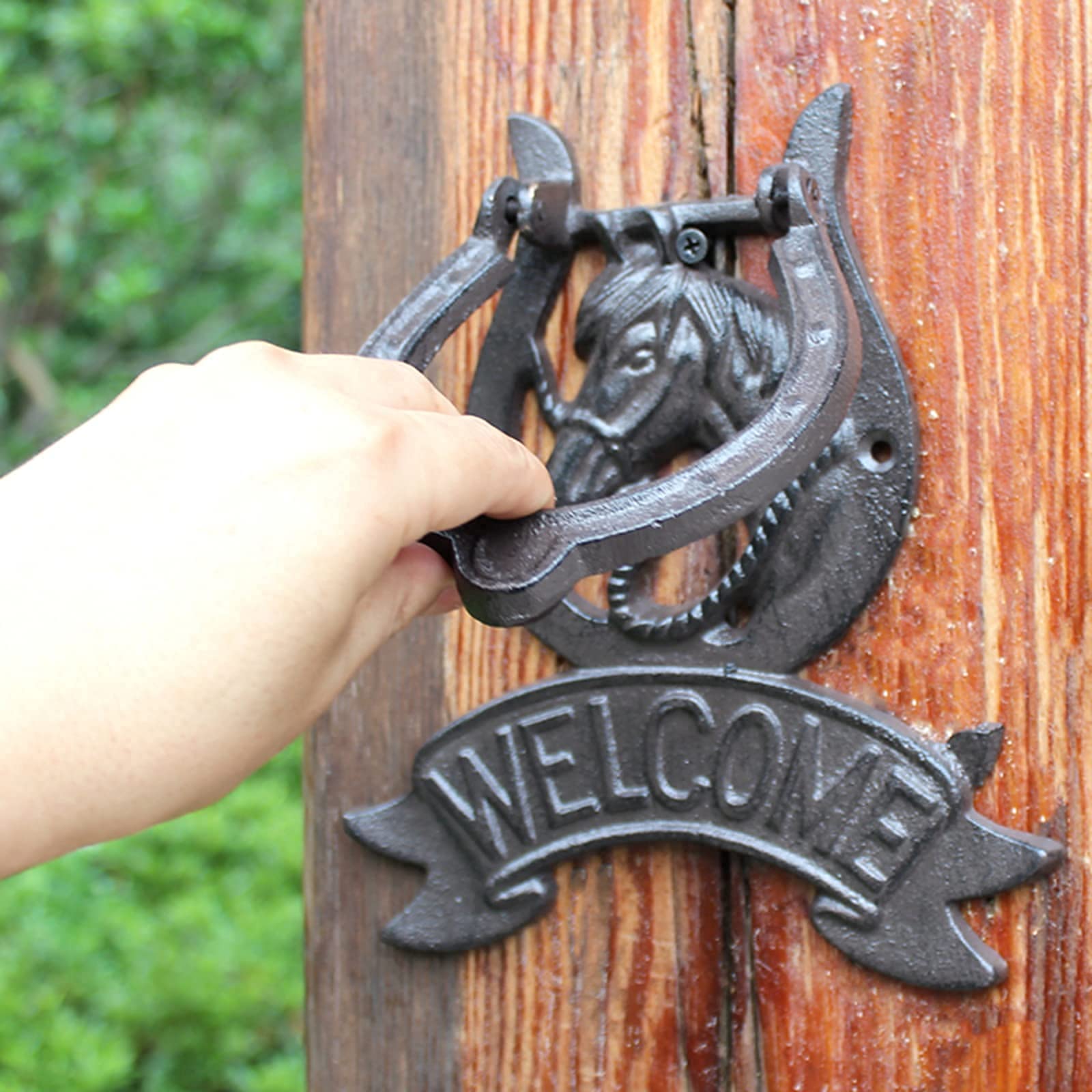 Rustic Horse Welcome Door Knocker - Farmhouse Style Outdoor Hanging Gate Handle for Front Doors, Barn Doors & Wood Doors - Heavy Duty Hardware Included - Perfect for Country Homes, Ranch Houses & Cabin Entryways