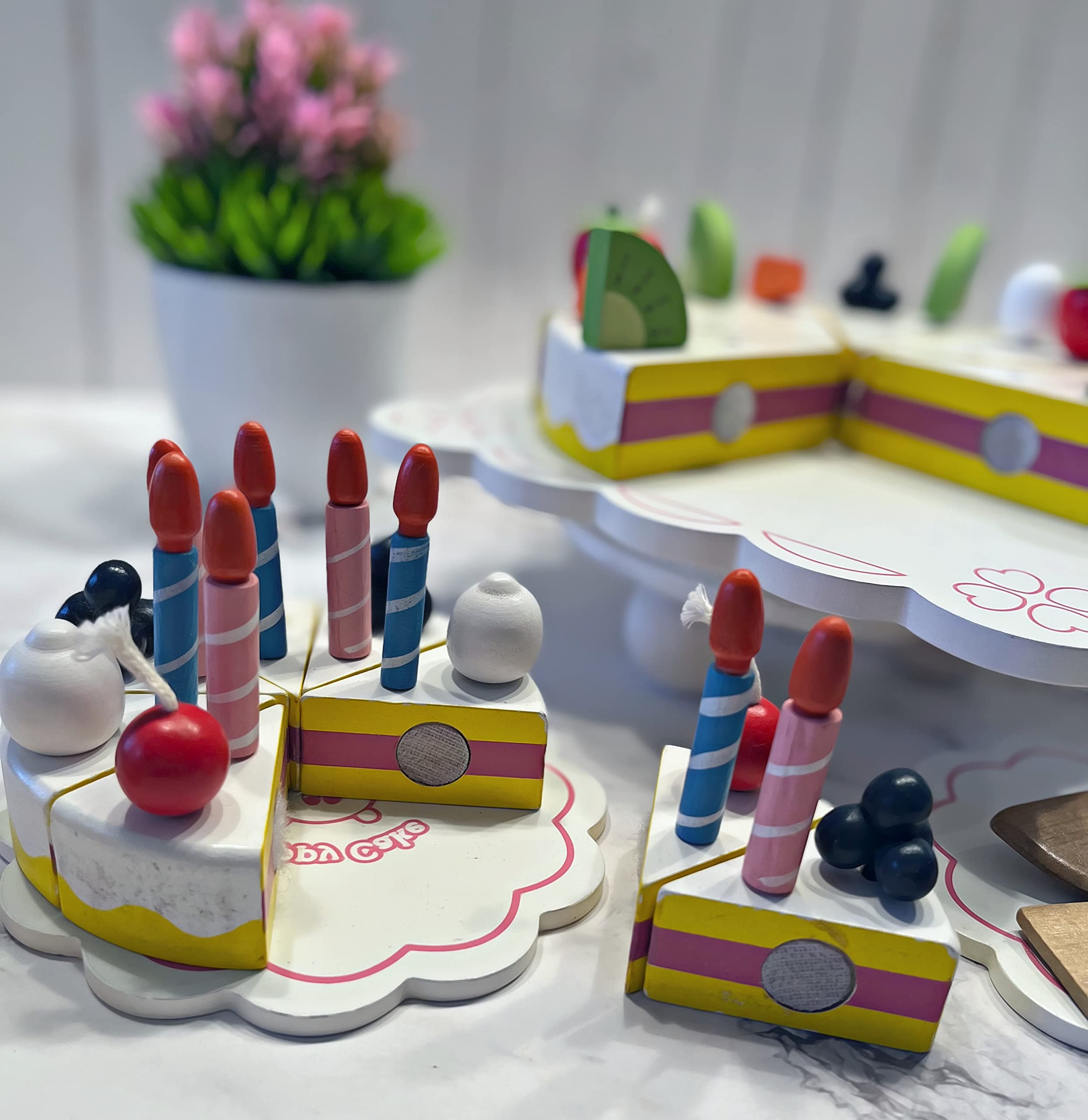 2 Tier Fake Wood Birthday Cake Set - White Decorative Cake with Fruit & Candles for Wedding, Baby Shower & Party Decorations