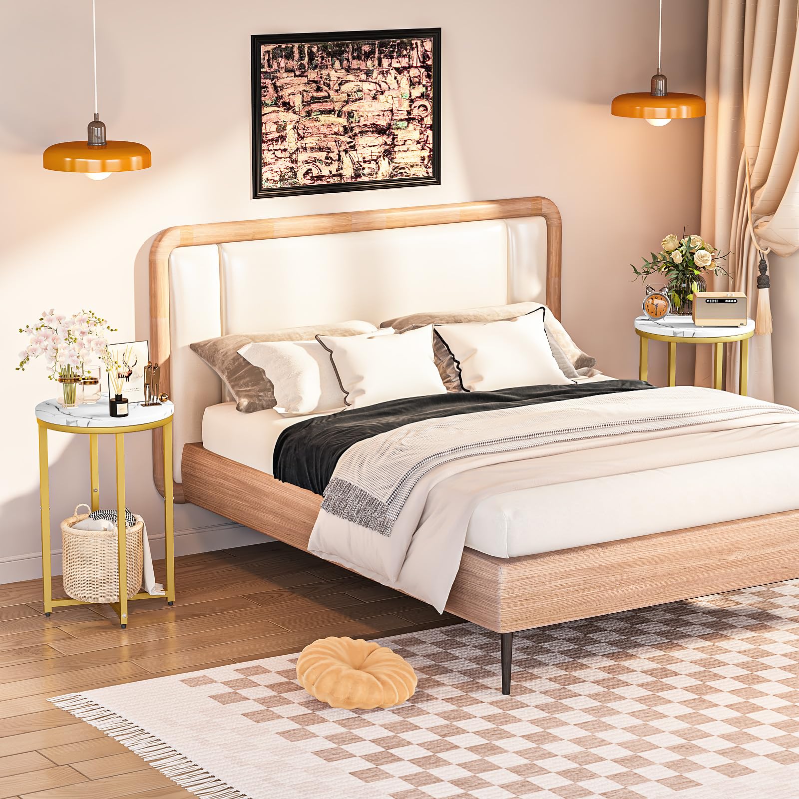 Modern Gold Side Table Set of 2 - Round Coffee & End Tables with Gold Metal Frame & White Marble Top - 16