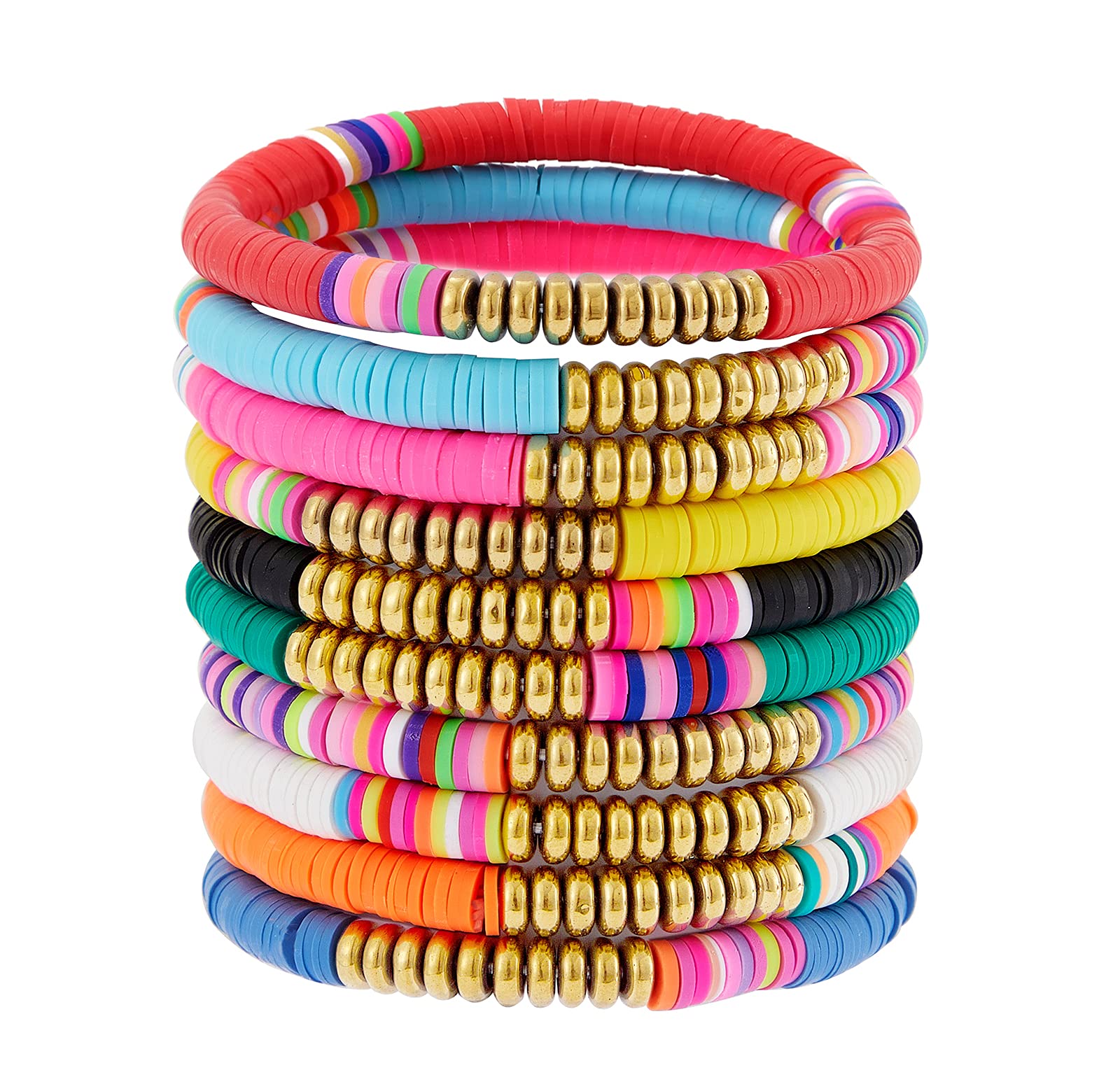 6PCS Colorful Sliced Clay Bracelets for Women - Handmade Stackable Rainbow Vinyl Disc Bead Stretch Bracelets Set - Plastic Summer Wristbands for Beach, Festival, Party & Everyday Wear