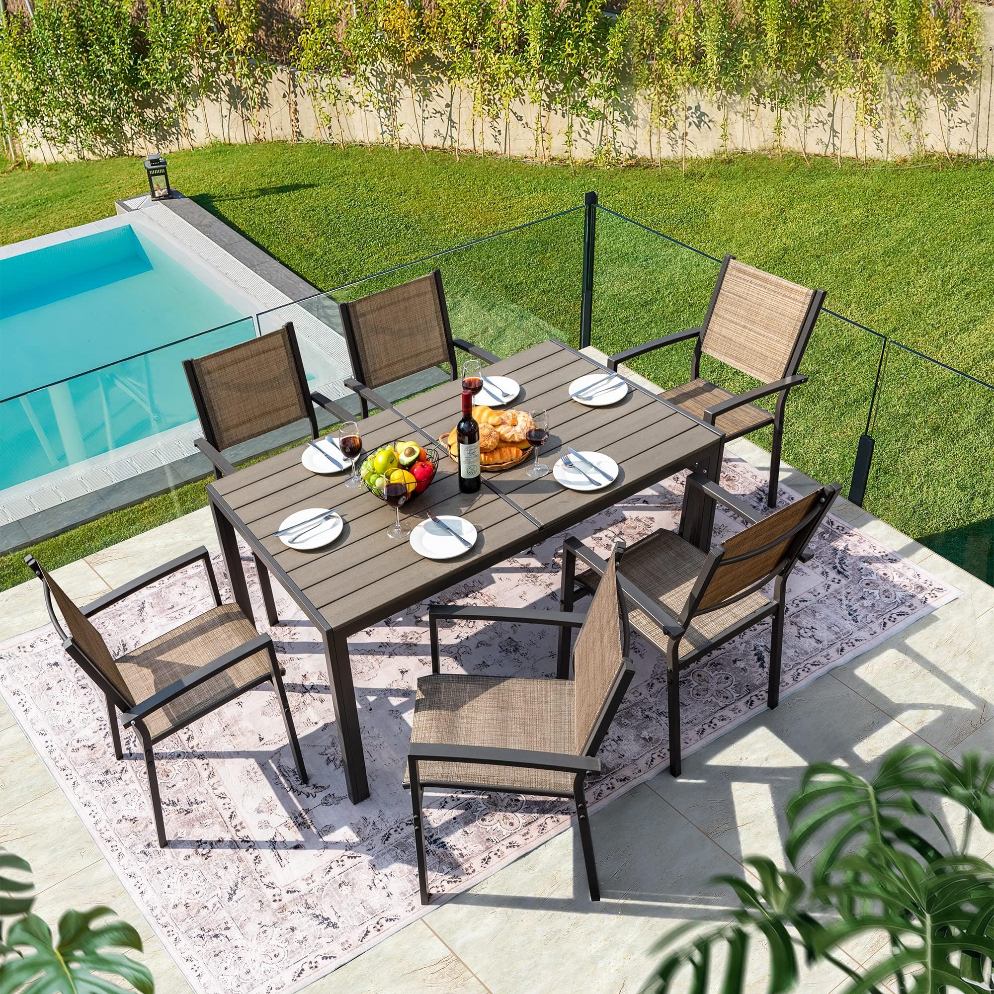 **Flamaker 7-Piece Patio Dining Set - Outdoor Metal Frame Furniture with 6 Textilene Chairs & Rectangular Table - Perfect for Backyard, Lawn, Garden, and Poolside Gatherings (Brown)**
