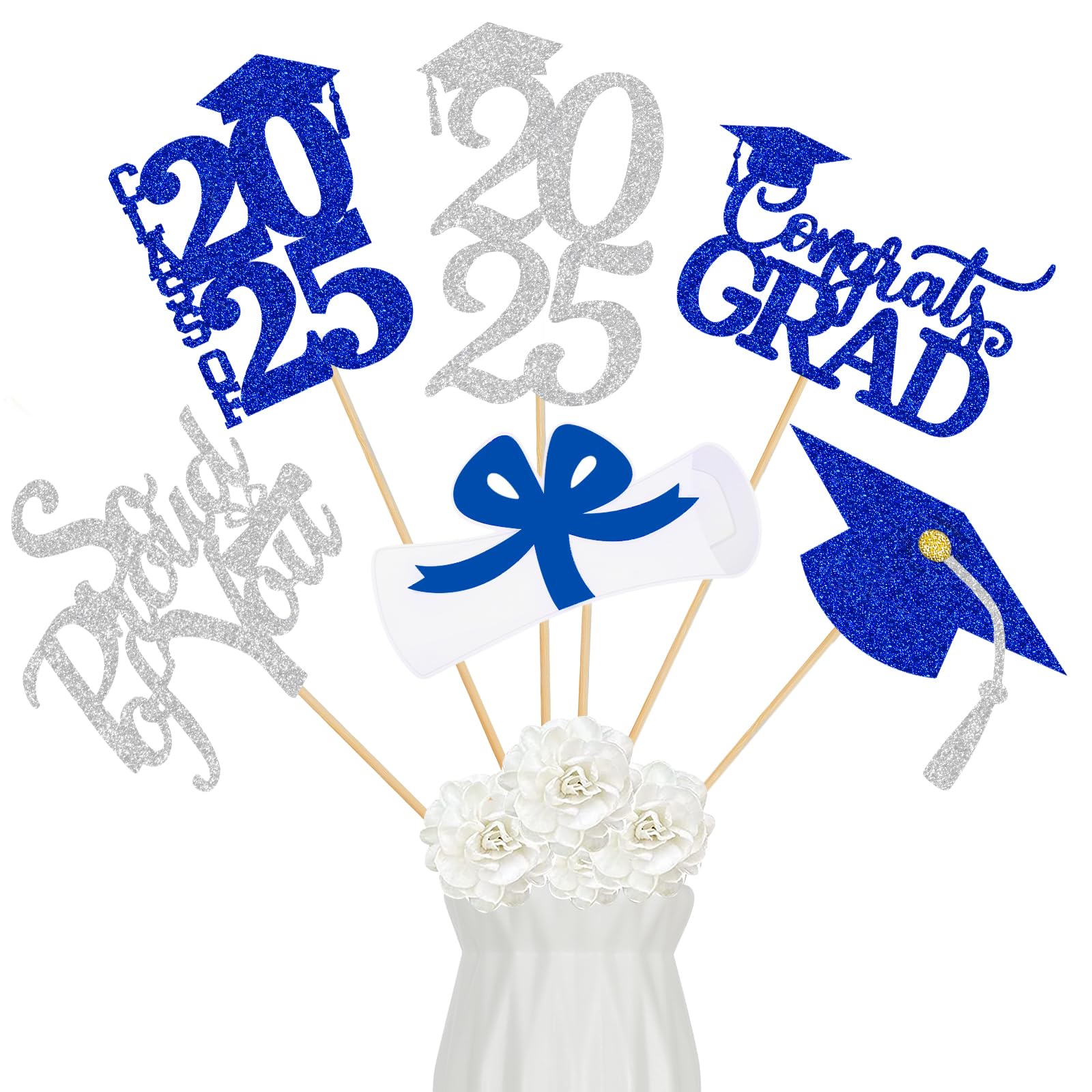 24Pcs Blue and Silver 2025 Graduation Centerpiece Sticks - Elegant Table Decor for Graduation Party, Class of 2025 Celebration, Commencement Ceremony | Perfect for Graduation Banquets, School Events & Photo Backdrops