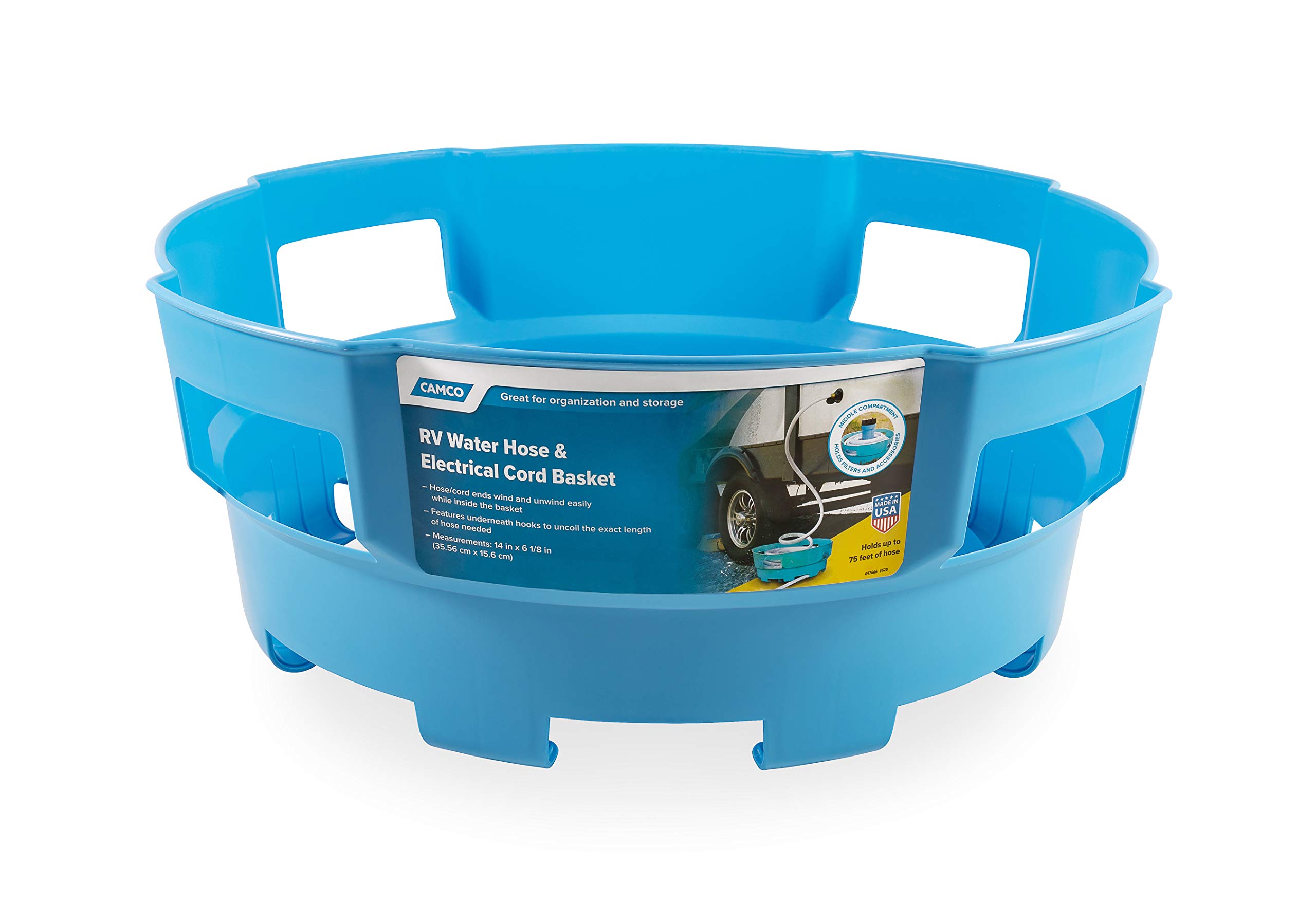 Camco RV Water Hose & Cord Basket - Organizes 75ft Hoses & Cords for RV Camping